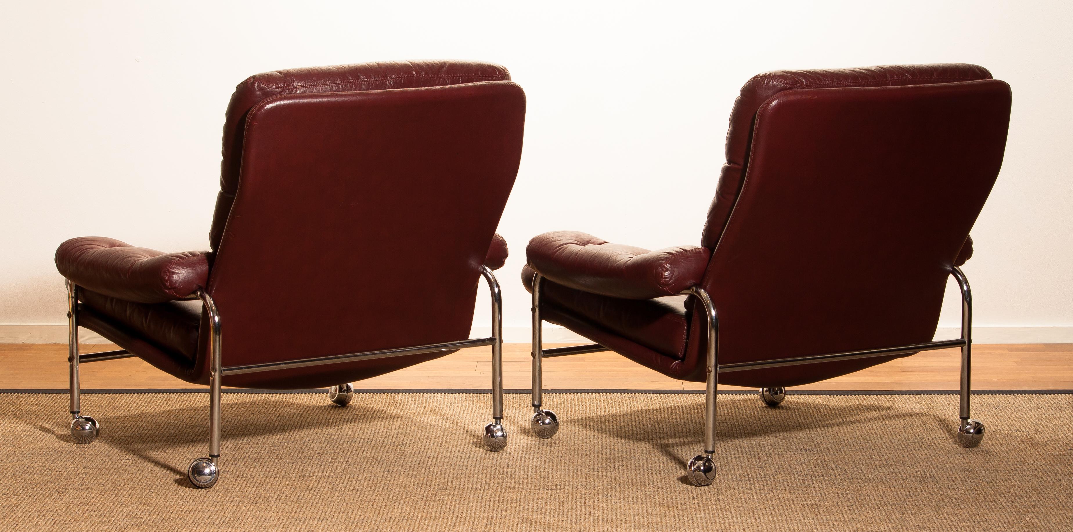Mid-Century Modern 1970s, Chrome and Red Leather Easy or Lounge Chairs by Scapa Rydaholm, Sweden