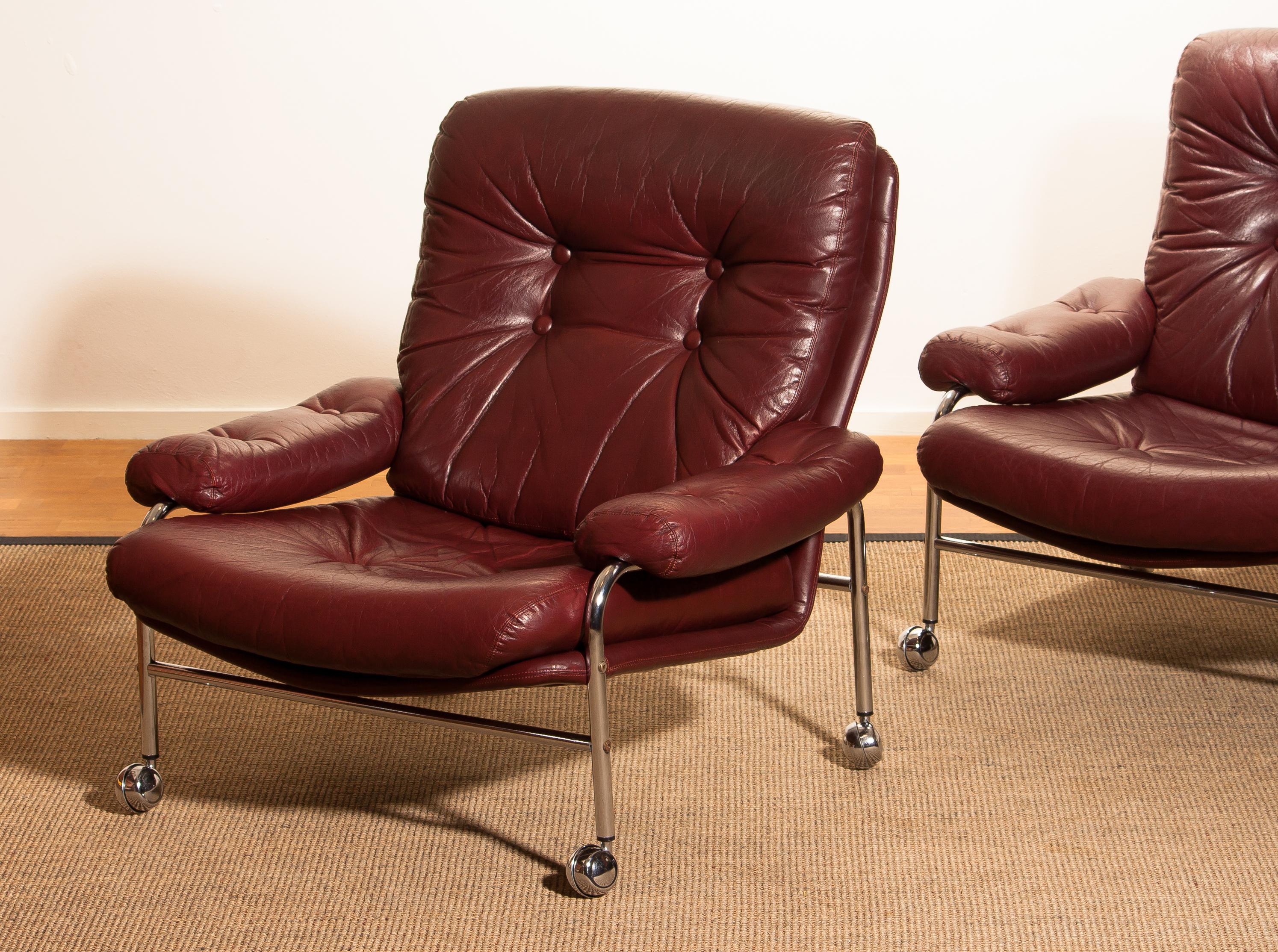 1970s, Chrome and Red Leather Easy or Lounge Chairs by Scapa Rydaholm, Sweden 1