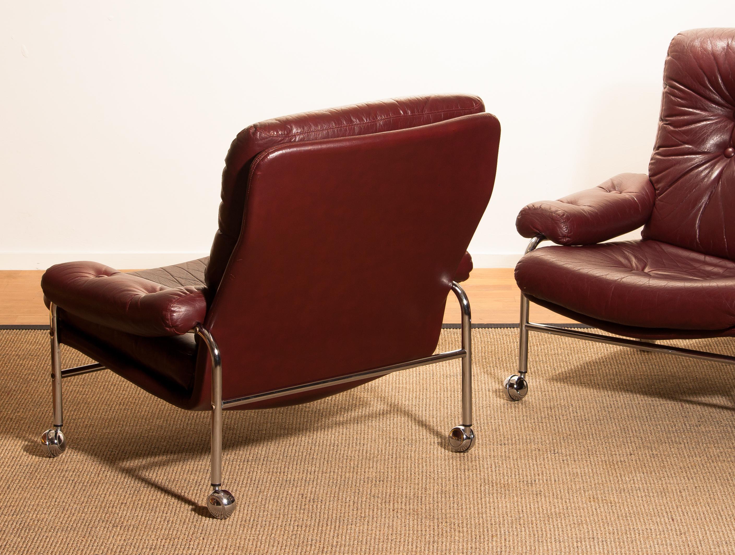 1970s, Chrome and Red Leather Easy or Lounge Chairs by Scapa Rydaholm, Sweden 2