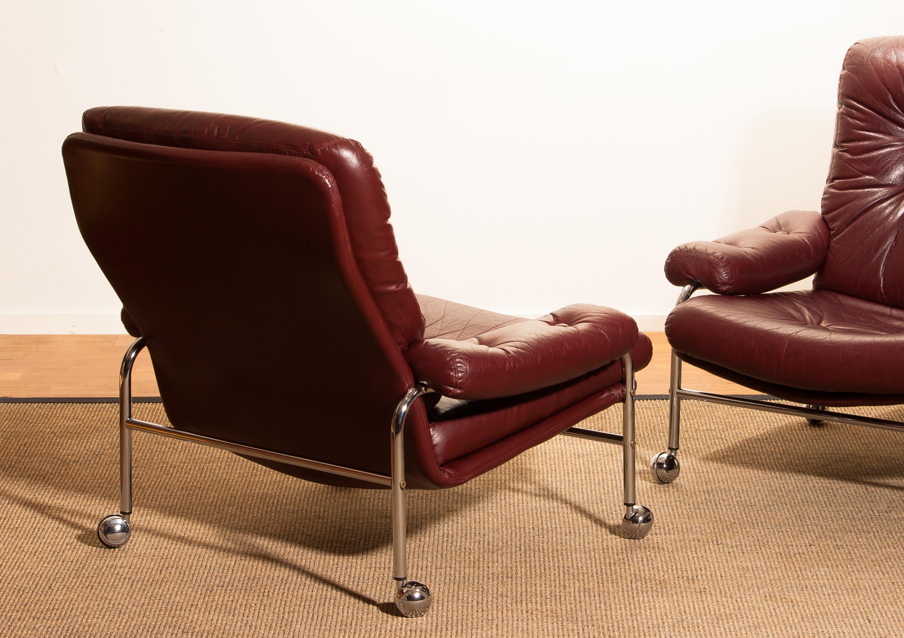 1970s, Chrome and Red Leather Easy or Lounge Chairs by Scapa Rydaholm, Sweden 3