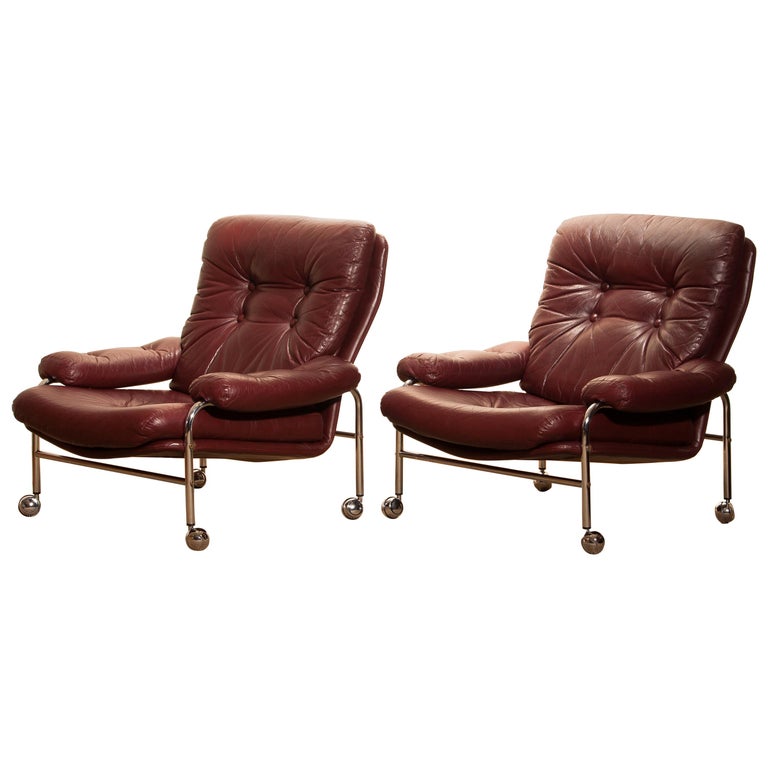 1970s, Chrome and Red Leather Easy or Lounge Chairs by Scapa Rydaholm,  Sweden at 1stDibs