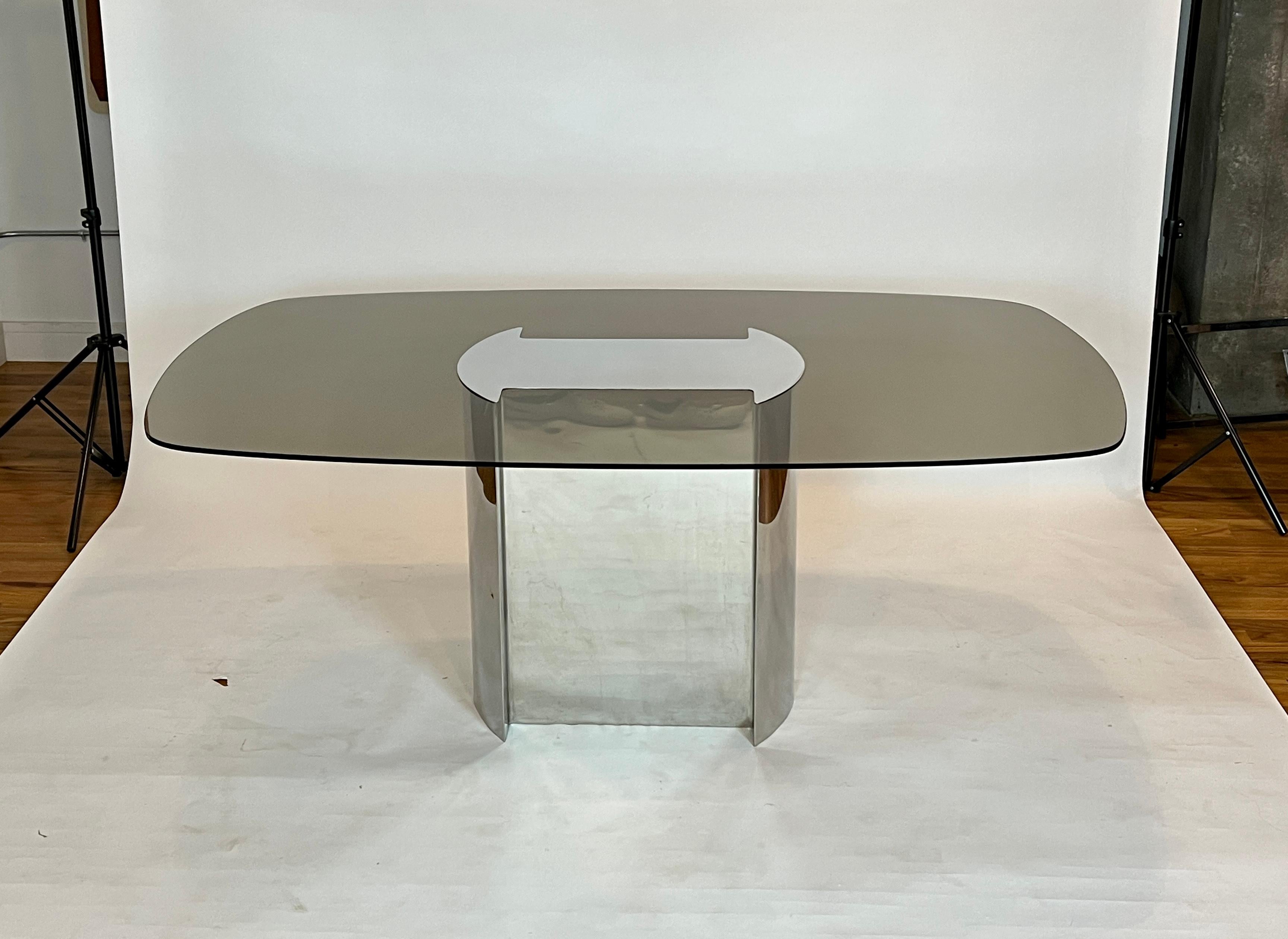 European 1970's Chrome and Smoked Glass Dining Table