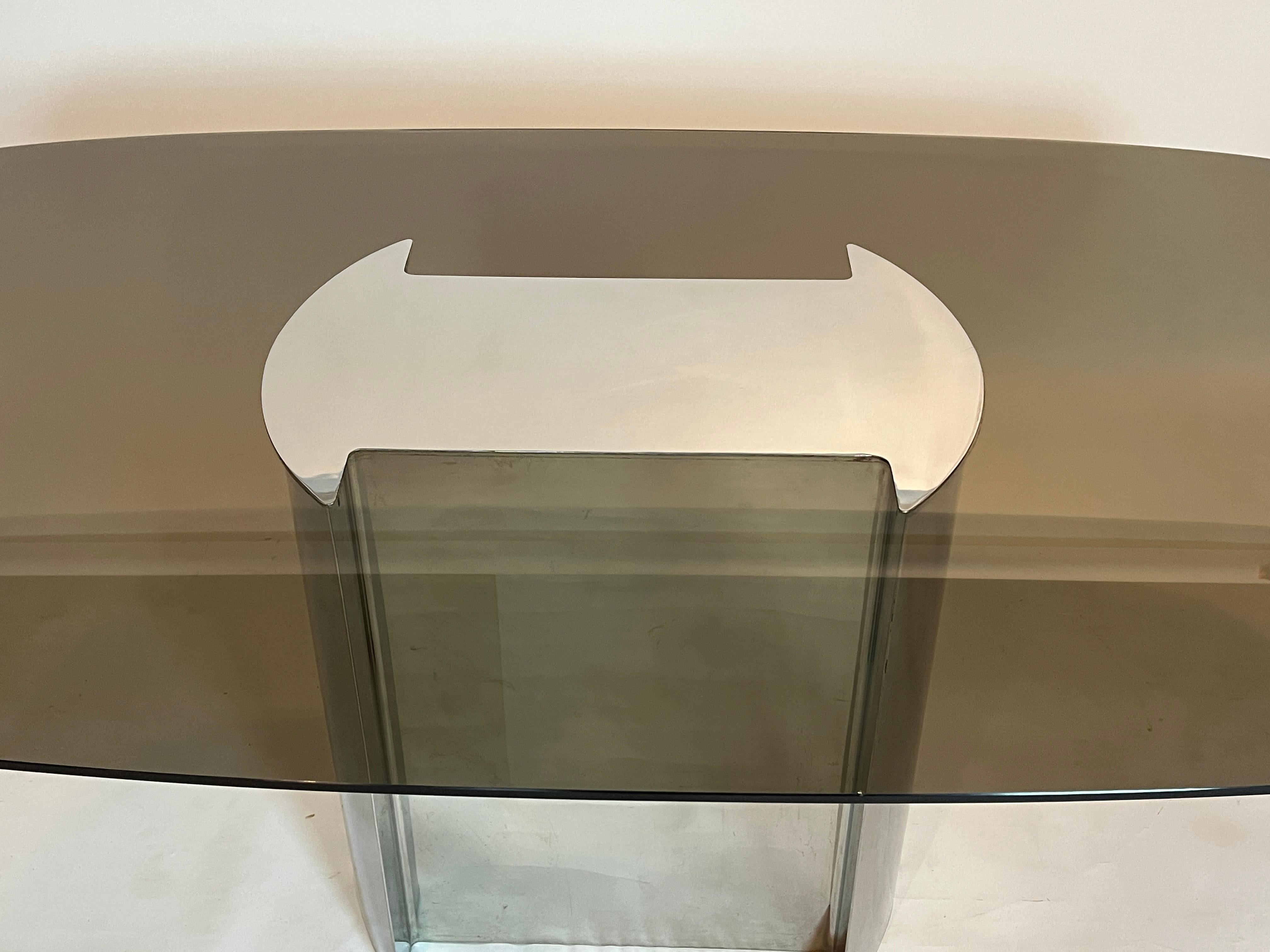 Polished 1970's Chrome and Smoked Glass Dining Table