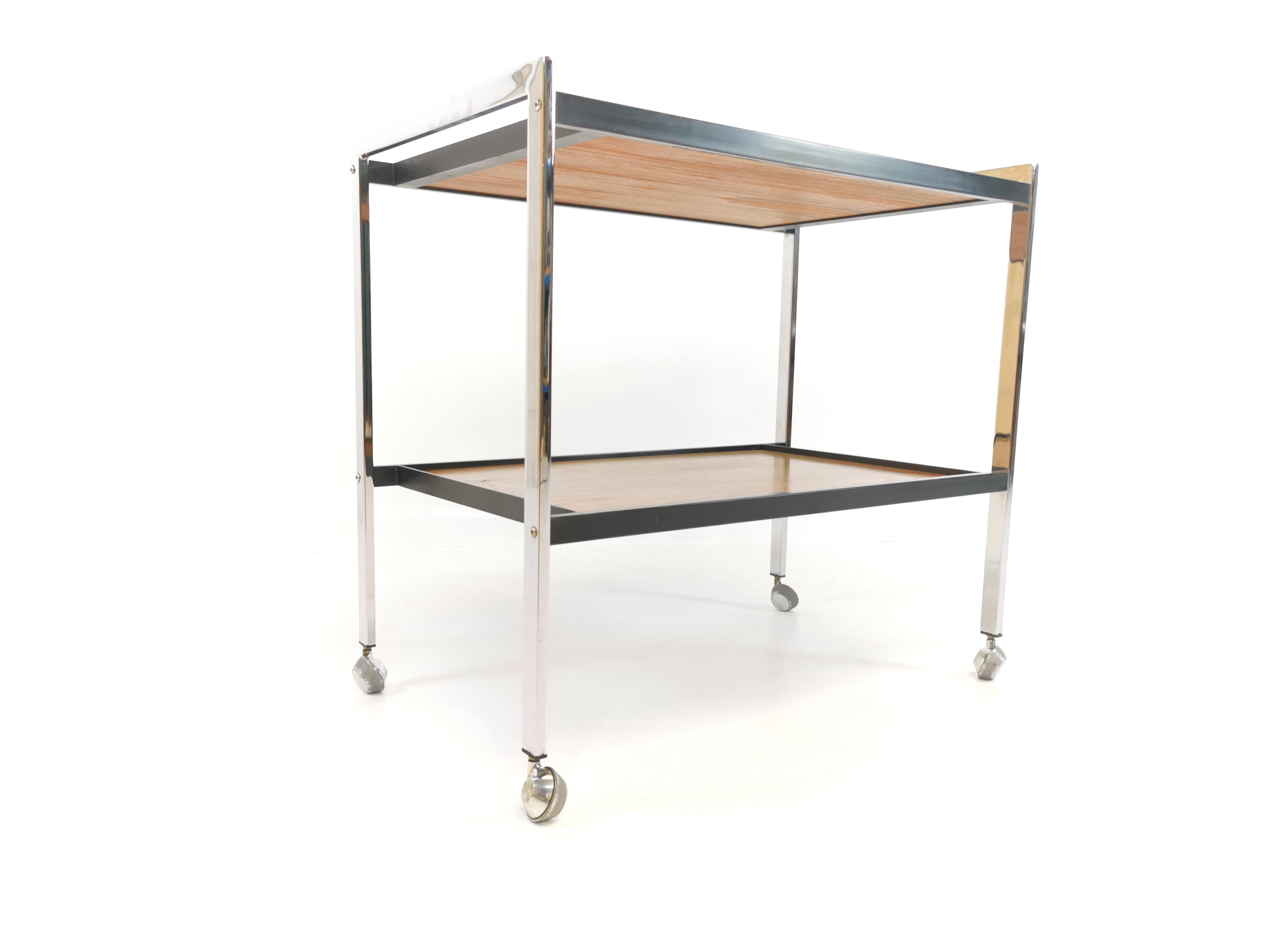 Mid-Century Modern 1970s Chrome and Teak Coffee Table Drinks Trolley by Howard Miller
