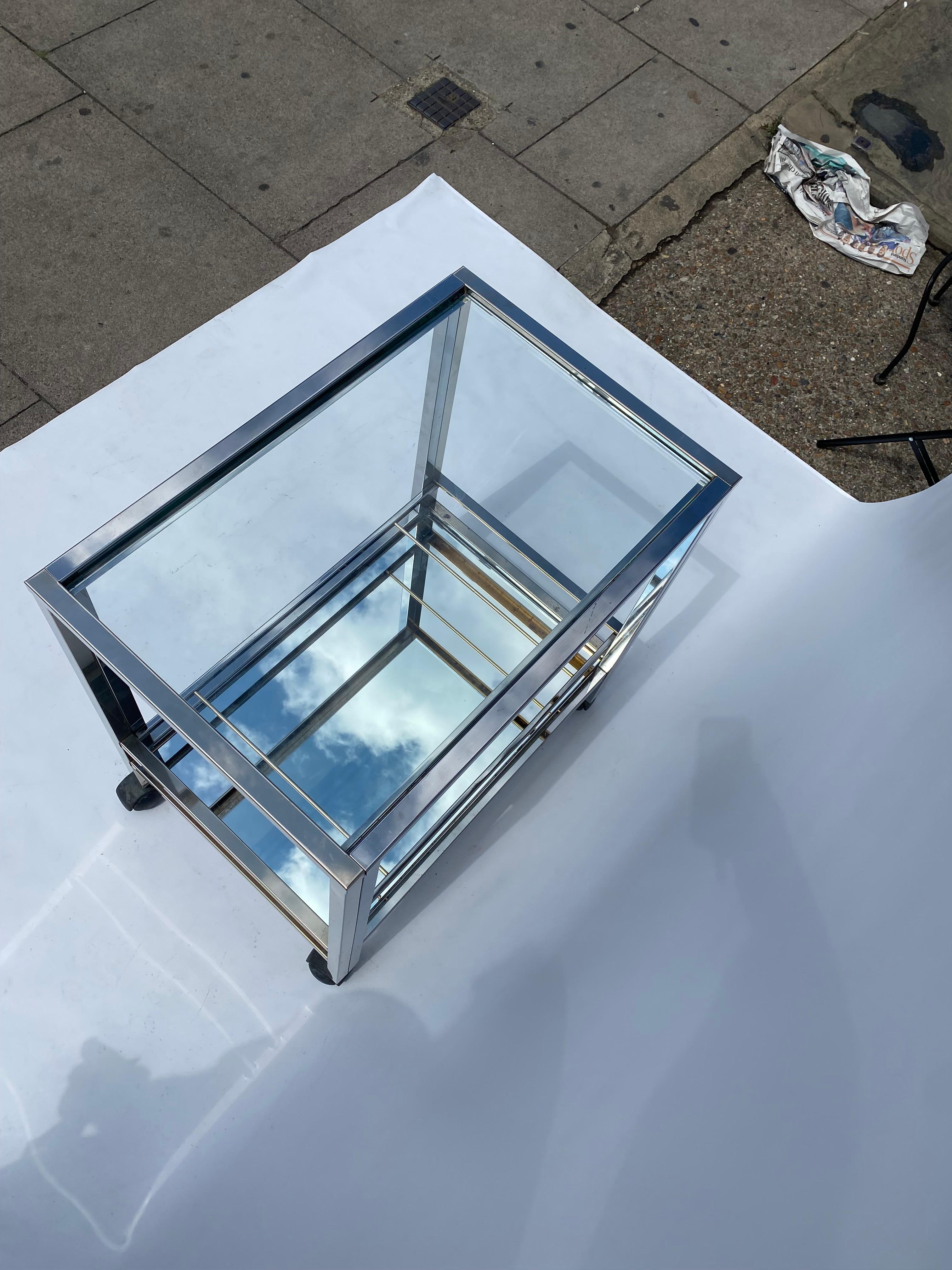 1970s Chrome Bar Cart Drinks Trolley Table Rega Glass Mirror Hollywood Regency For Sale 3