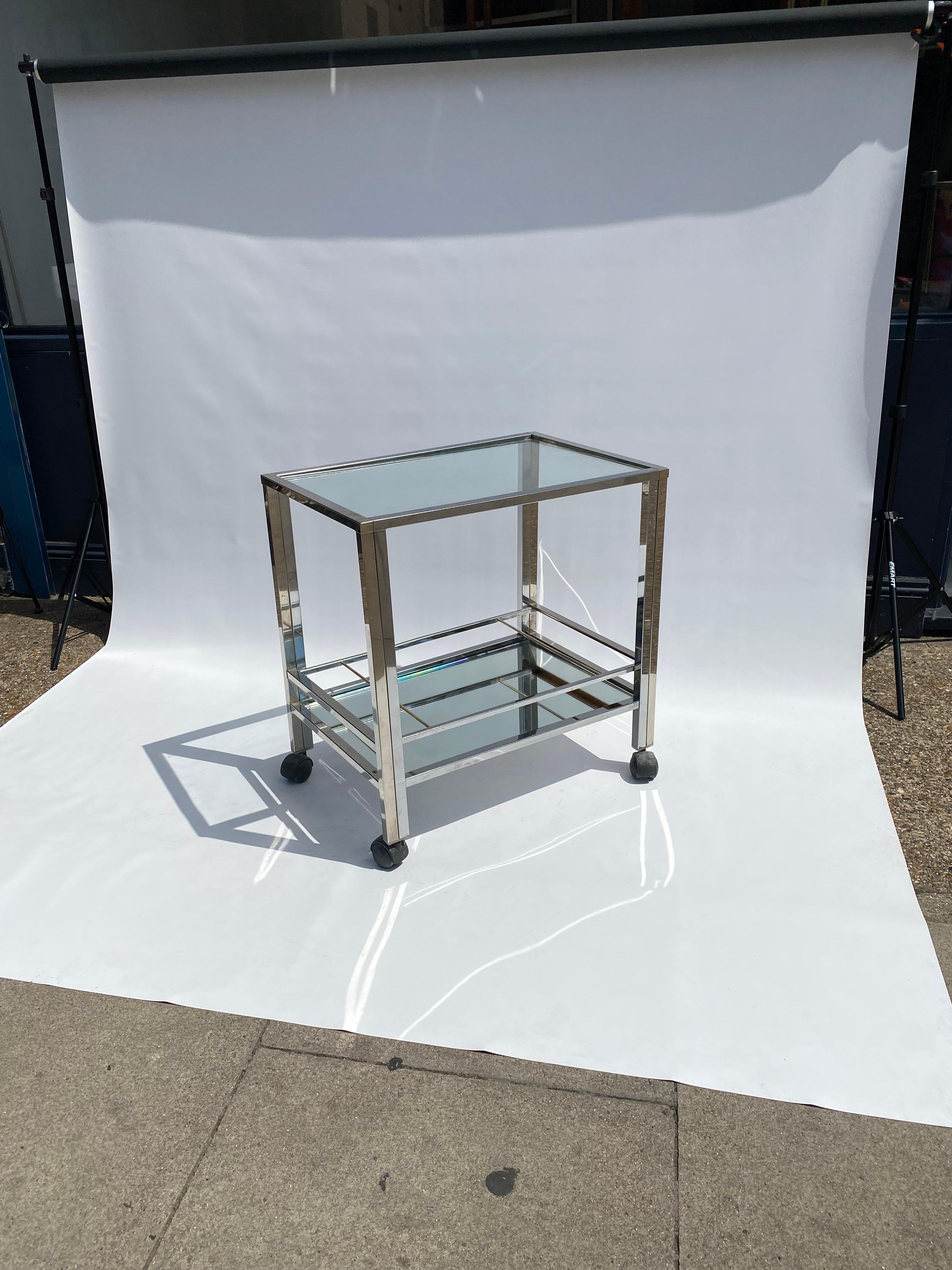 1970s Chrome Bar Cart Drinks Trolley Table Rega Glass Mirror Hollywood Regency For Sale 4