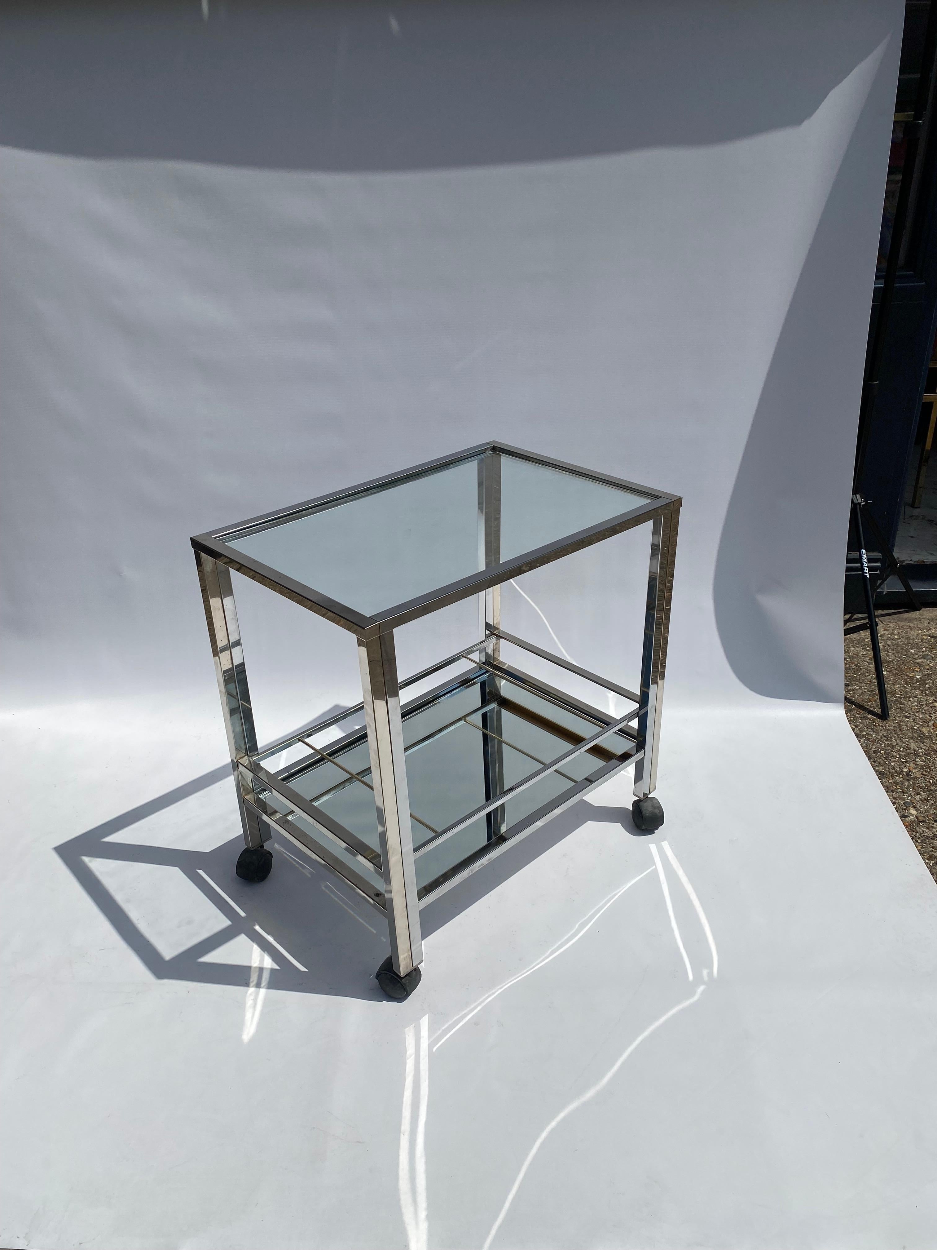 1970s Chrome Bar Cart Drinks Trolley Table Rega Glass Mirror Hollywood Regency For Sale 5