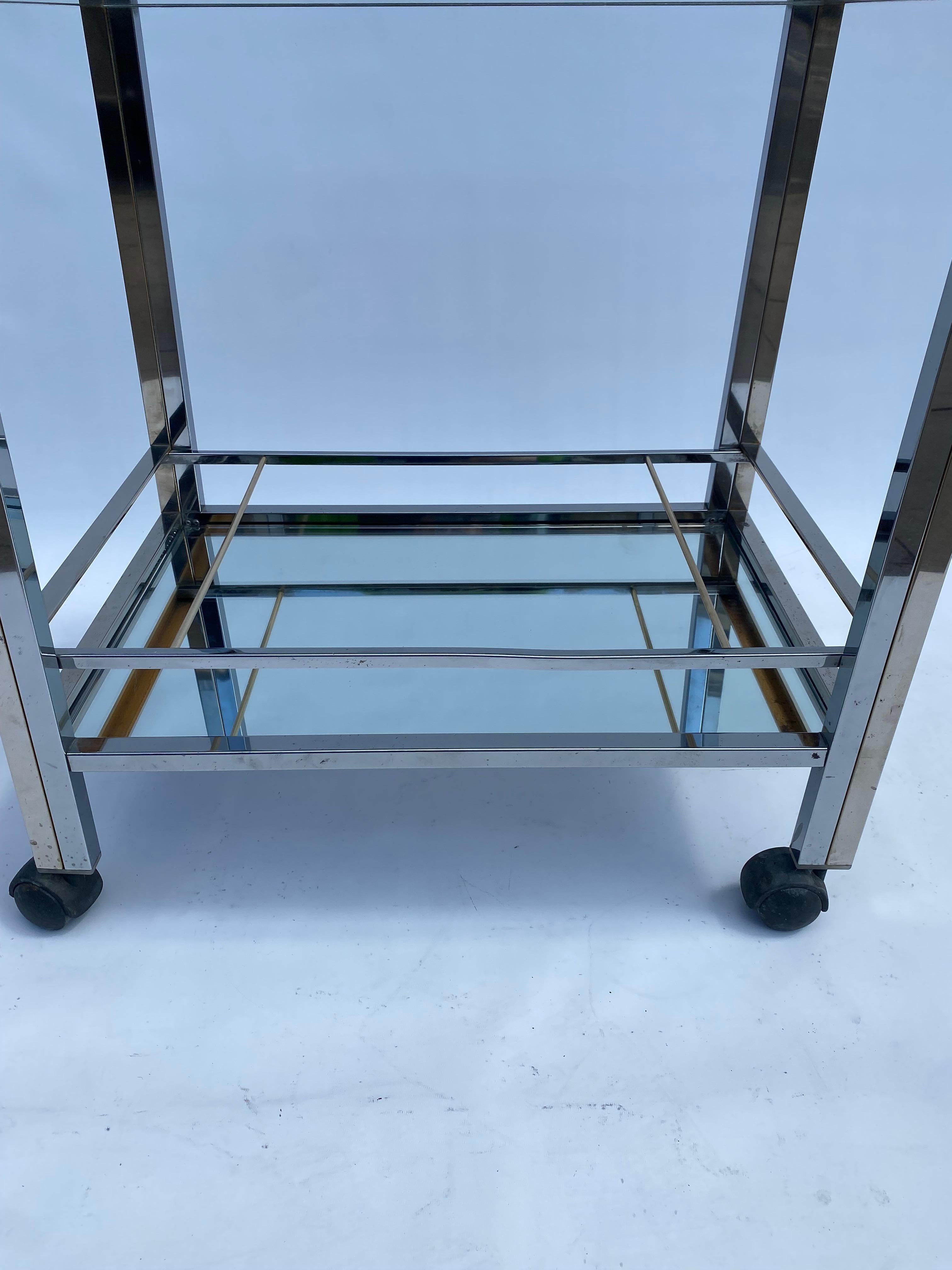 1970s Chrome Bar Cart Drinks Trolley Table Rega Glass Mirror Hollywood Regency For Sale 6