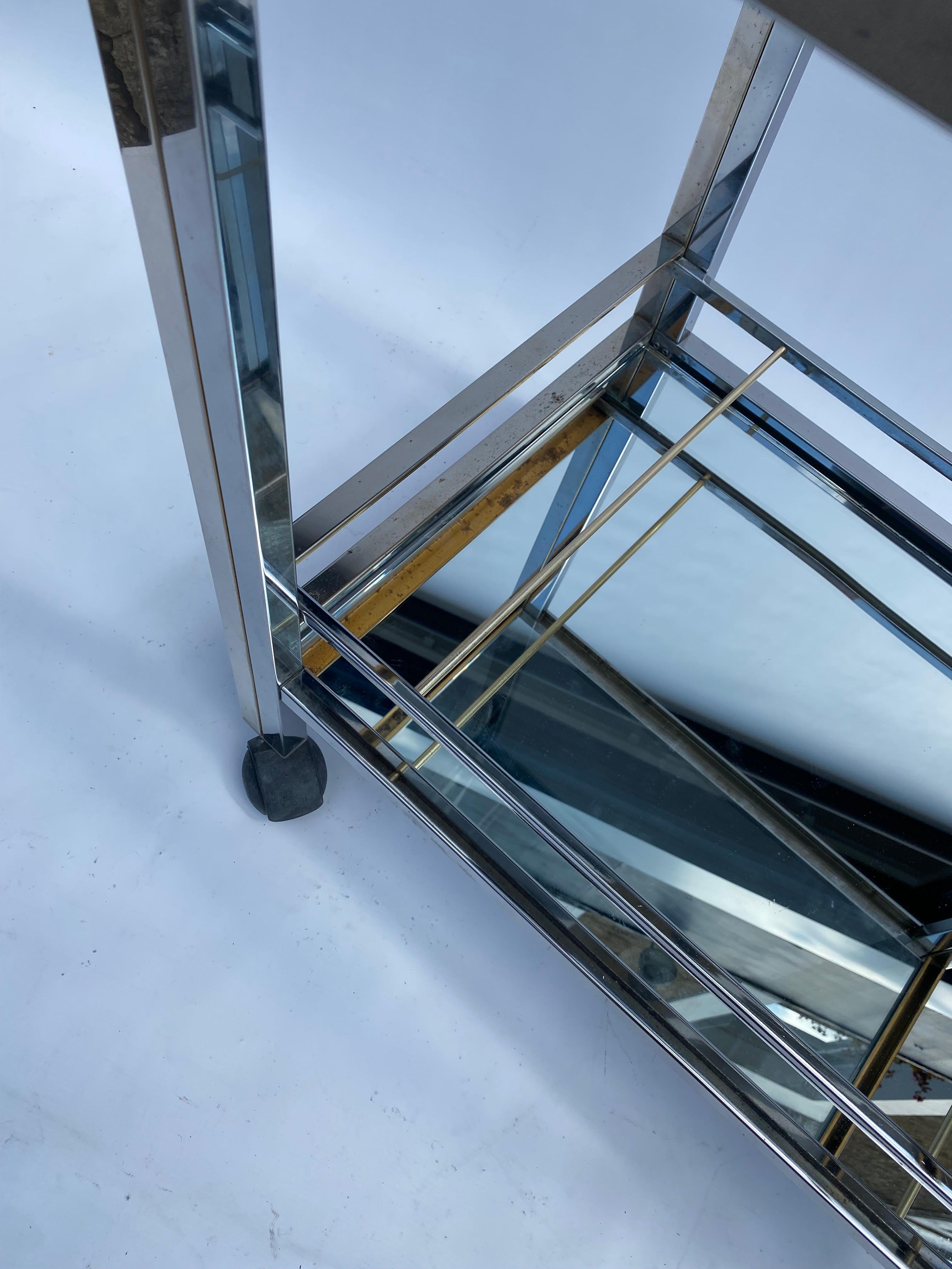 1970s Chrome Bar Cart Drinks Trolley Table Rega Glass Mirror Hollywood Regency For Sale 7