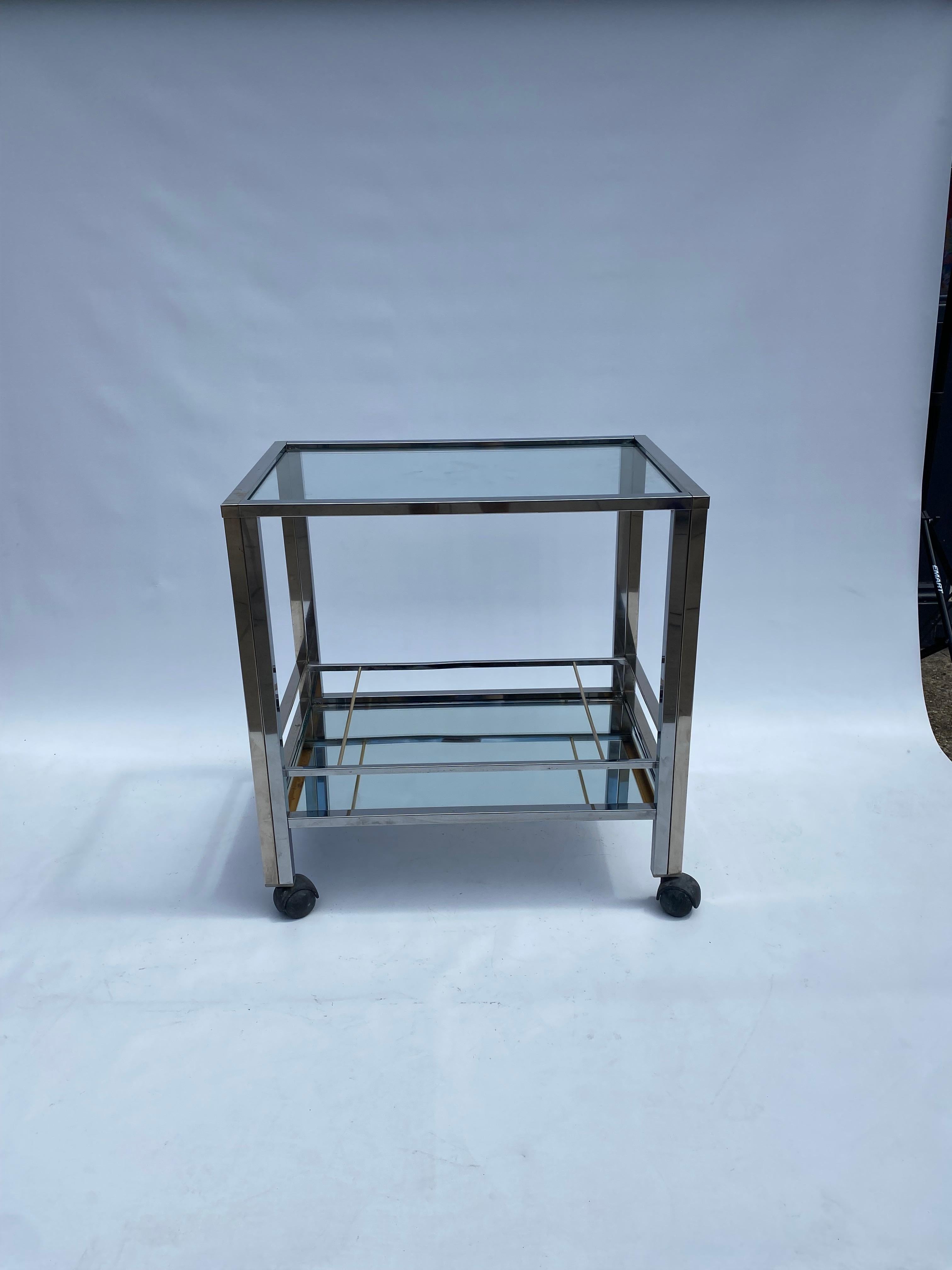Mid-Century Modern 1970s Chrome Bar Cart Drinks Trolley Table Rega Glass Mirror Hollywood Regency For Sale