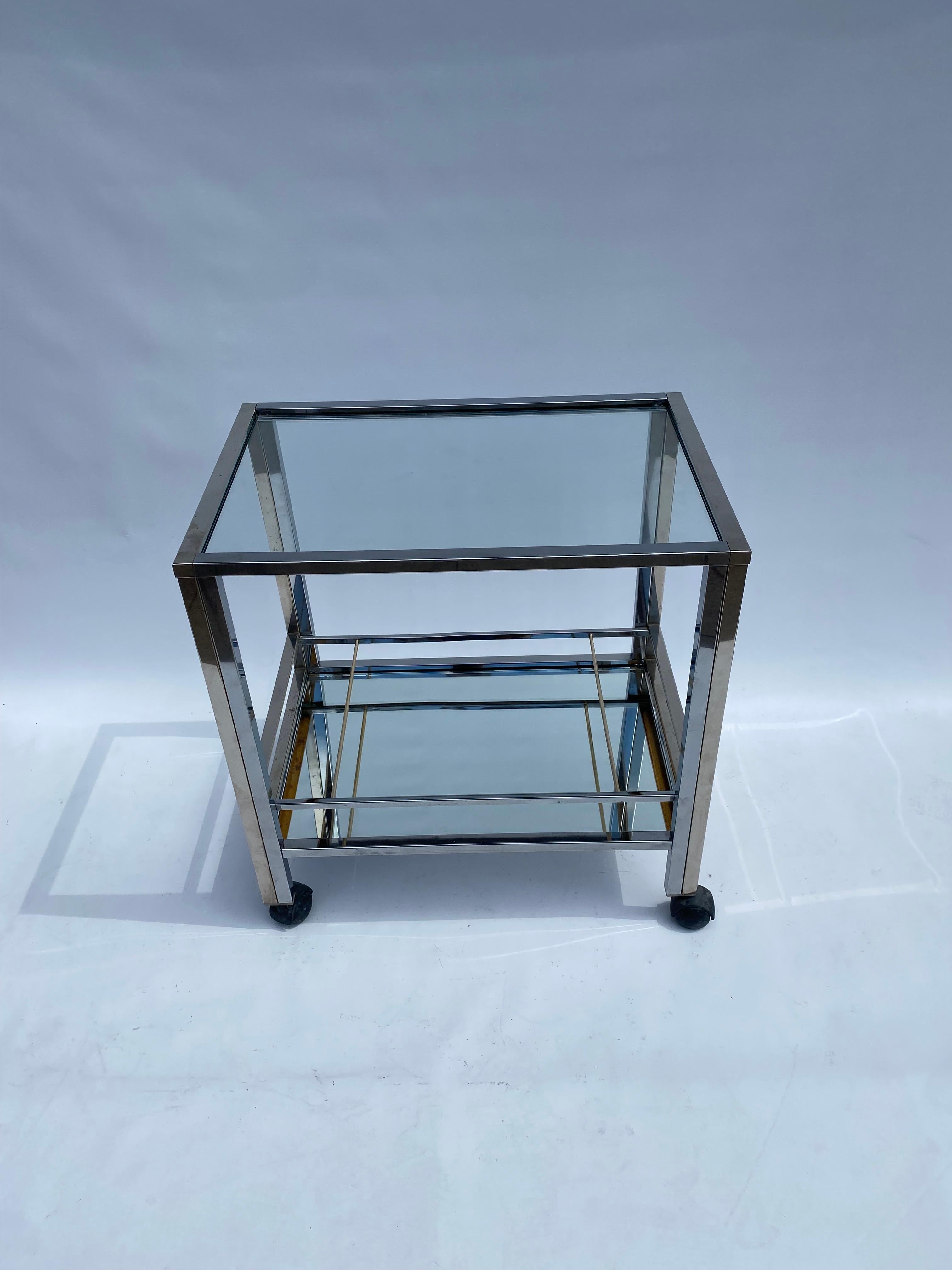 Italian 1970s Chrome Bar Cart Drinks Trolley Table Rega Glass Mirror Hollywood Regency For Sale