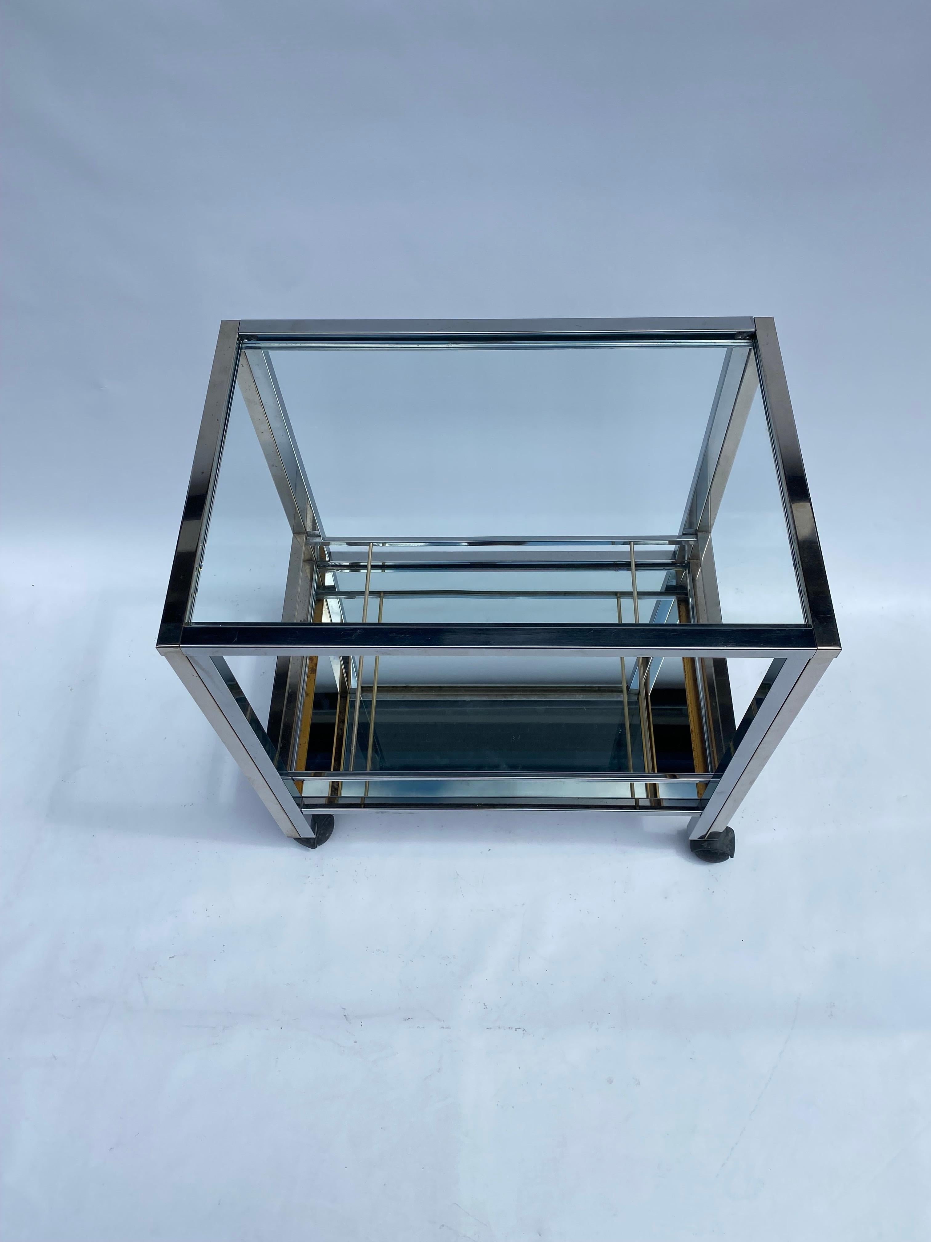 1970s Chrome Bar Cart Drinks Trolley Table Rega Glass Mirror Hollywood Regency In Good Condition For Sale In London, GB