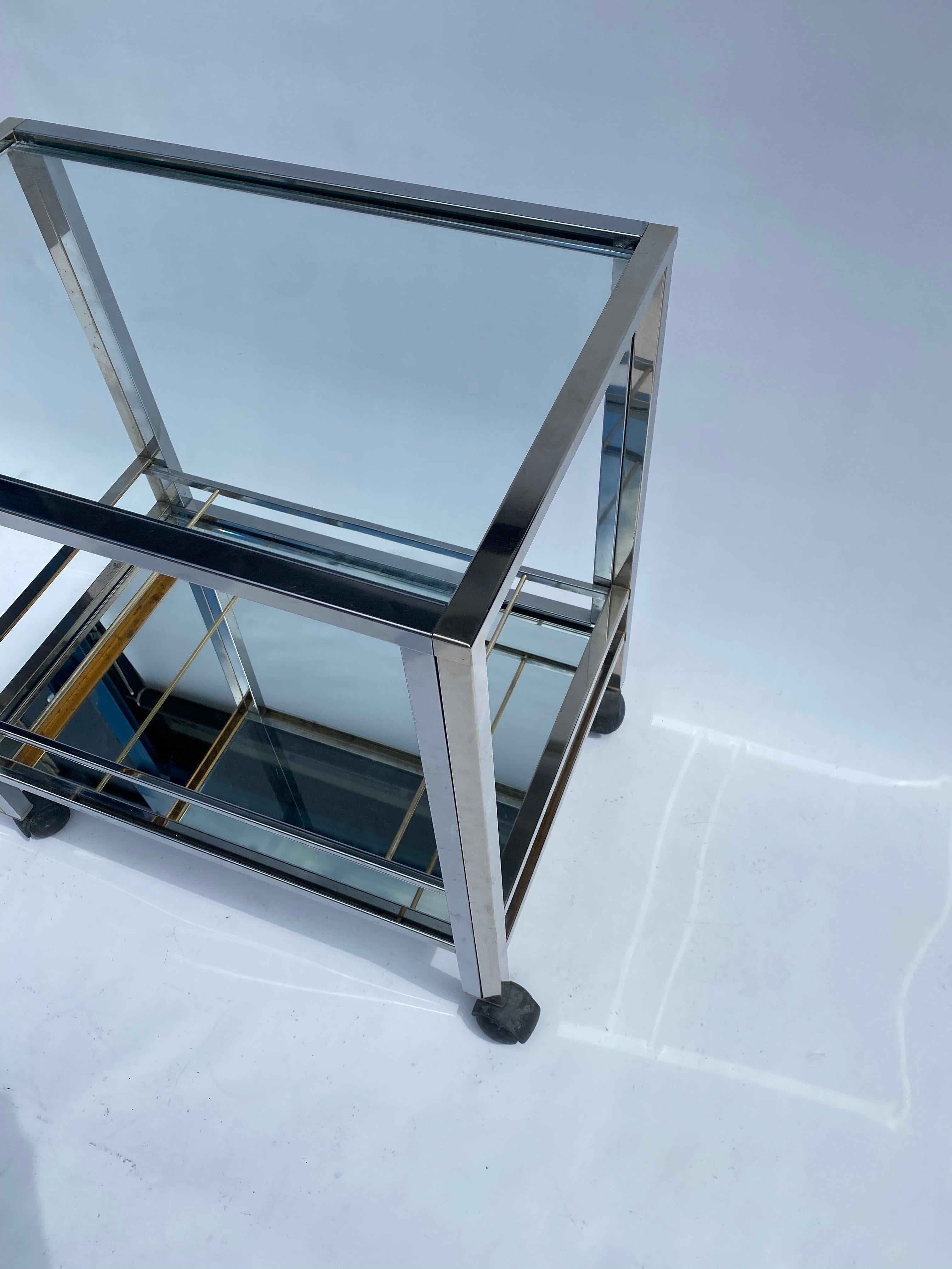 Late 20th Century 1970s Chrome Bar Cart Drinks Trolley Table Rega Glass Mirror Hollywood Regency For Sale