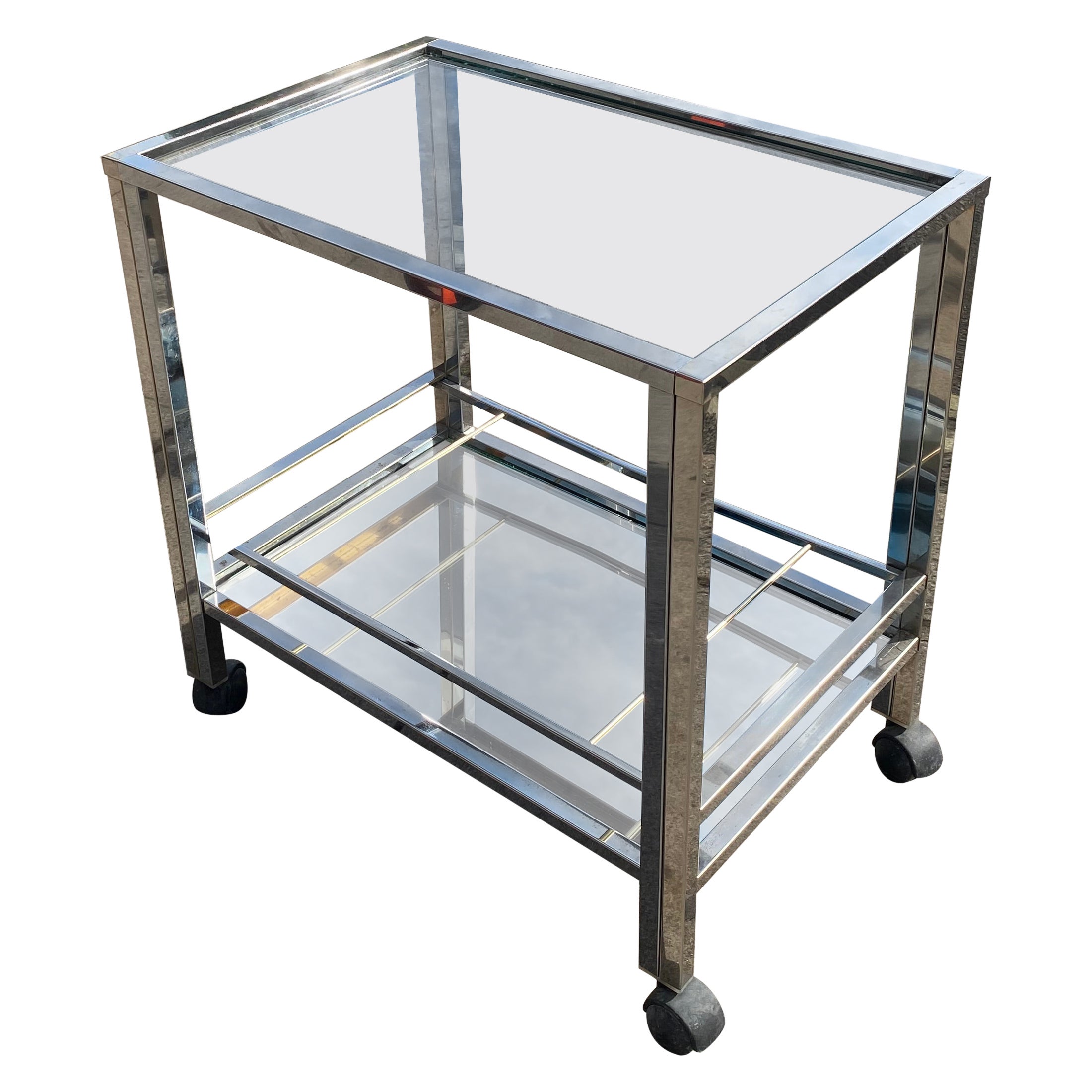 1970 Chrome Bar Cart Drinks Trolley Table Rega Glass Mirror Hollywood Regency