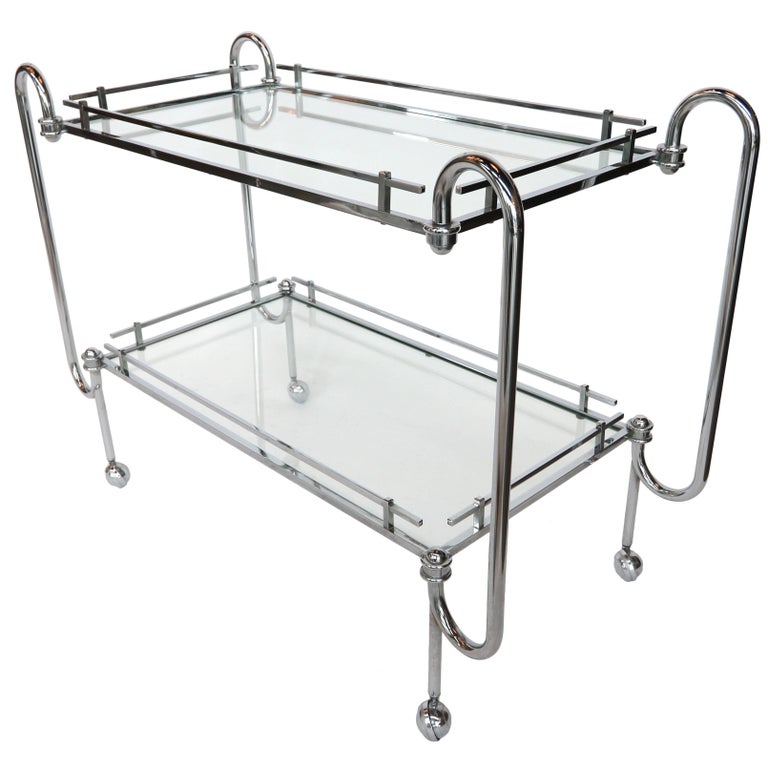 1970s Chrome Bar Cart with Glass Shelves For Sale at 1stDibs