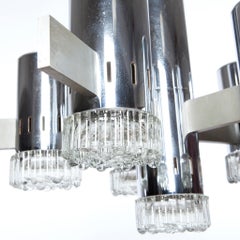 1970s Chrome, Brushed Brass and Glass Chandelier by Sciolari