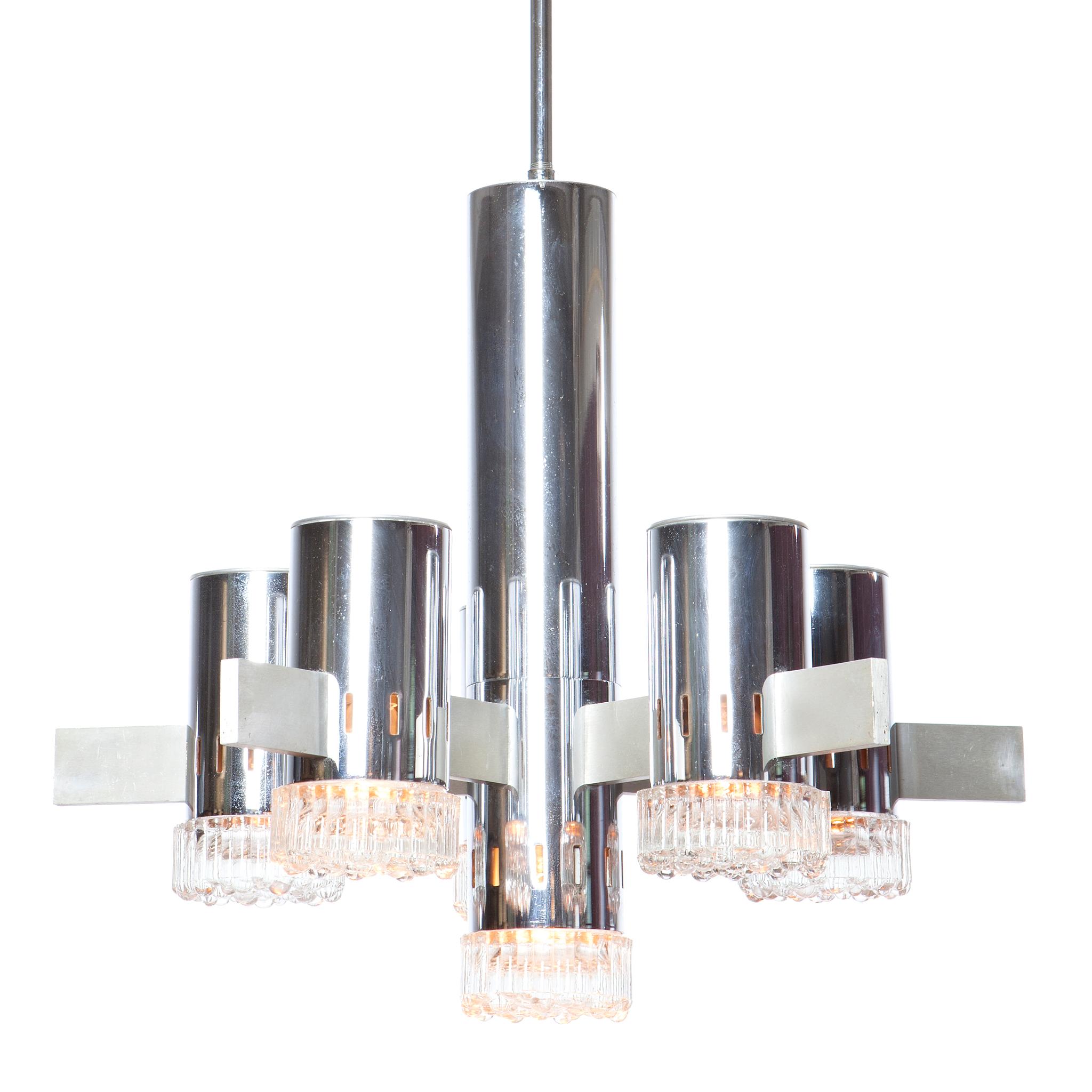 1970s Chrome, Brushed Brass and Glass Chandelier by Sciolari