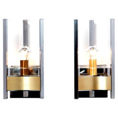 1970s Chrome, Brushed Brass and Glass Sconces by Gaetano Sciolari
