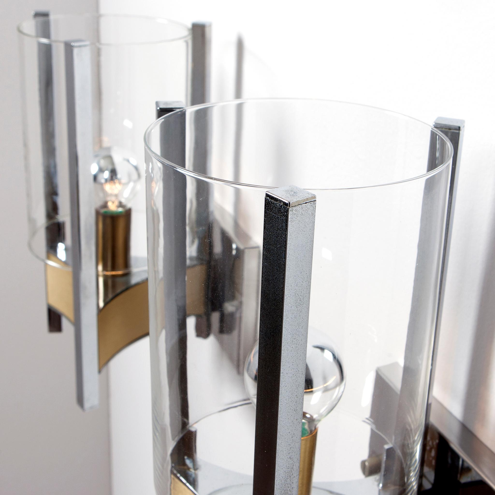 Mid-Century Modern 1970s Chrome, Brushed Brass and Glass Sconces by Gaetano Sciolari For Sale