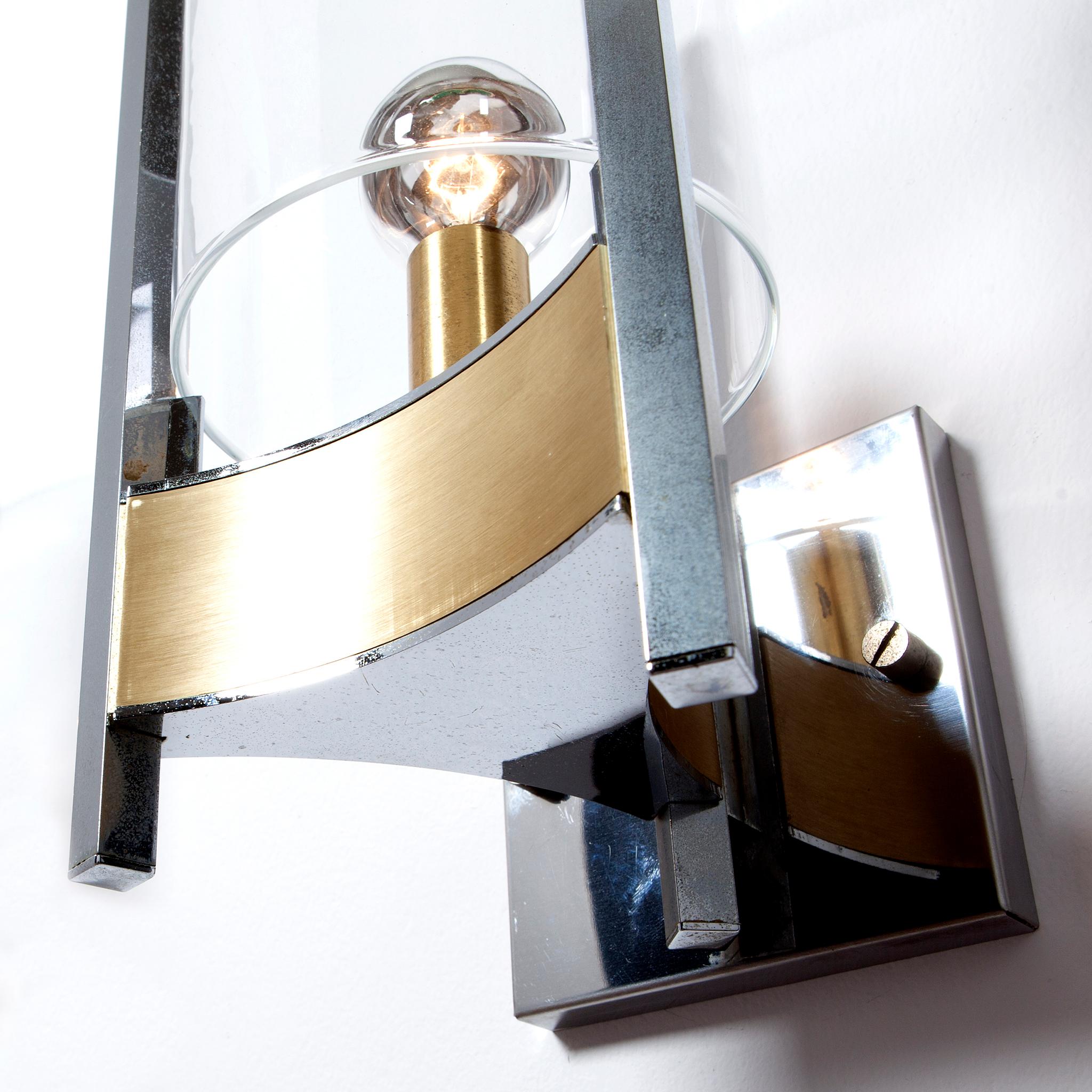 Italian 1970s Chrome, Brushed Brass and Glass Sconces by Gaetano Sciolari For Sale