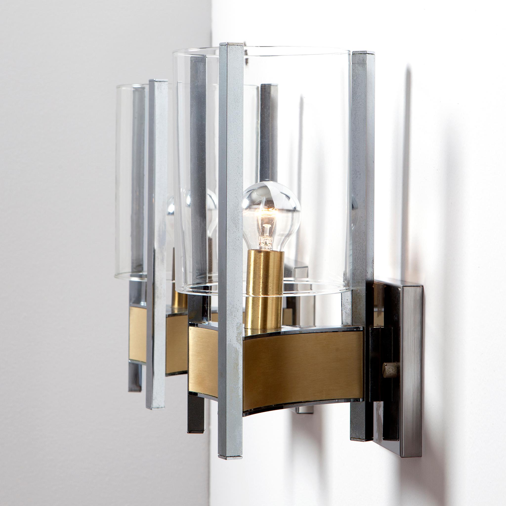 1970s Chrome, Brushed Brass and Glass Sconces by Gaetano Sciolari In Good Condition For Sale In Schoorl, NL