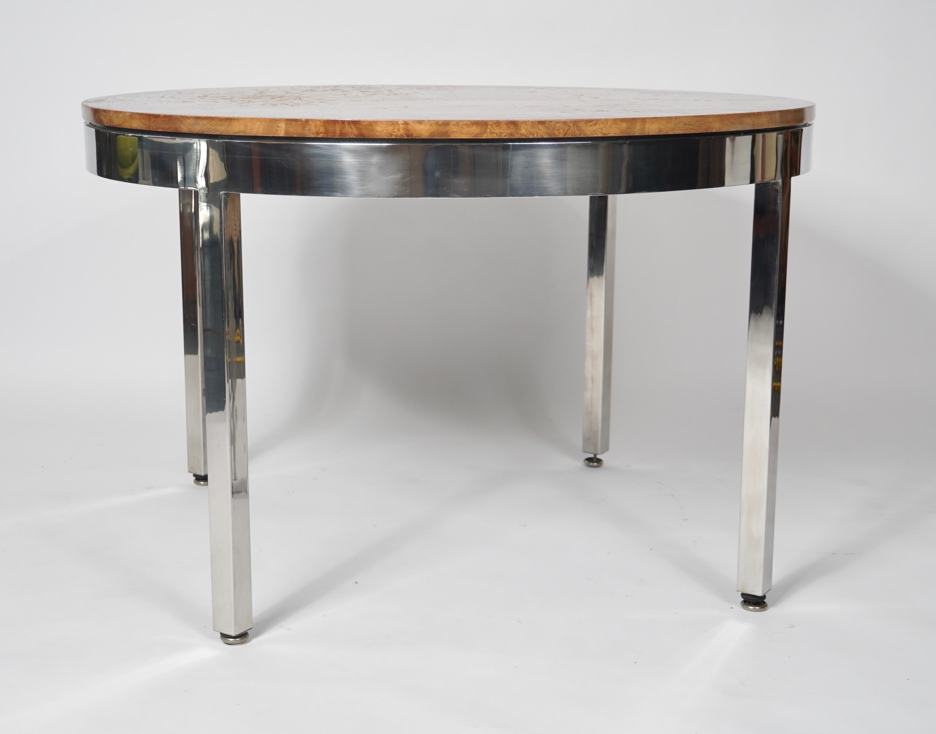 Modern 1970s Chrome & Burl Dining Table in the Style of Pace Collection / Milo Baughman For Sale