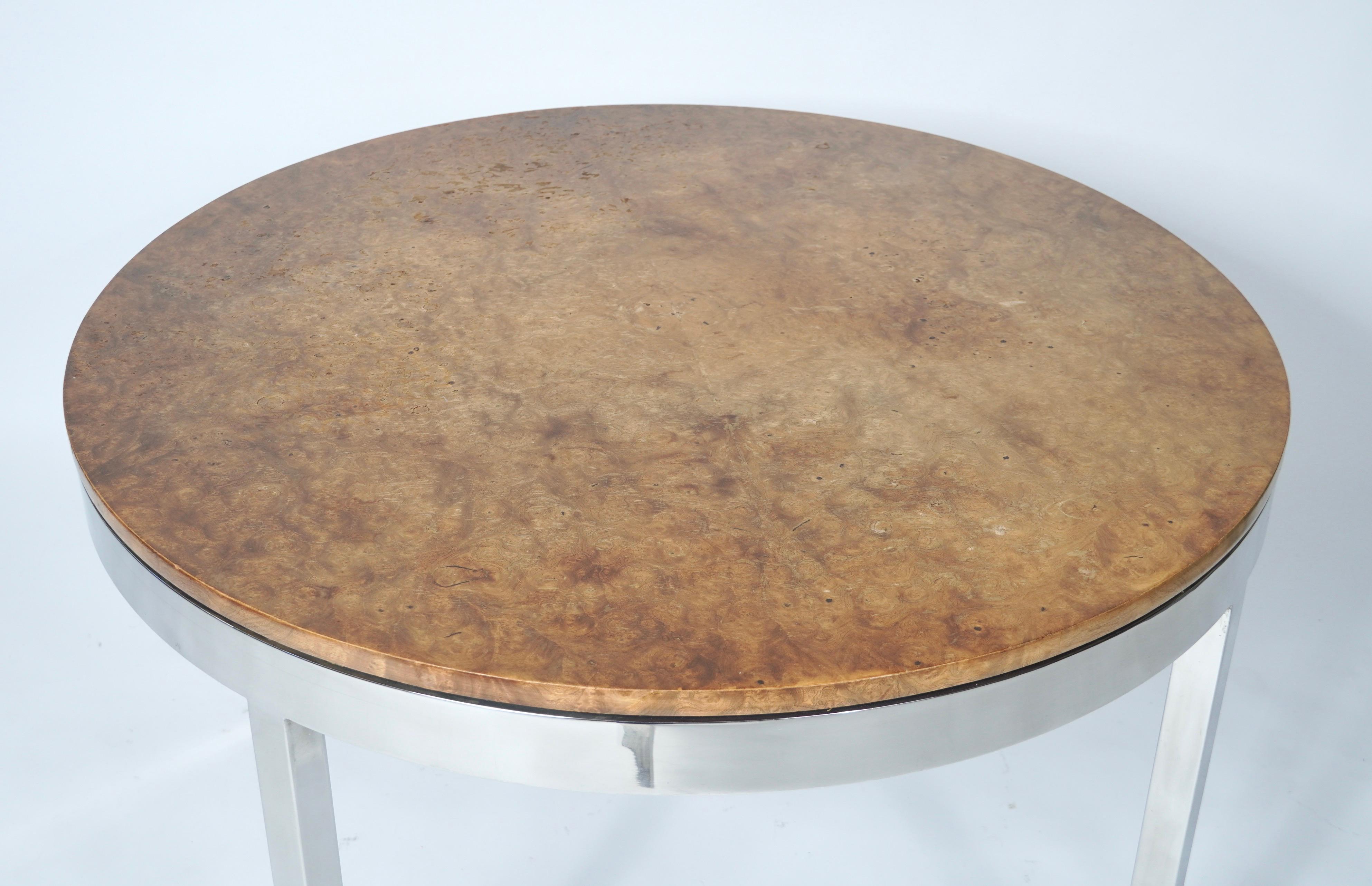 American 1970s Chrome & Burl Dining Table in the Style of Pace Collection / Milo Baughman For Sale
