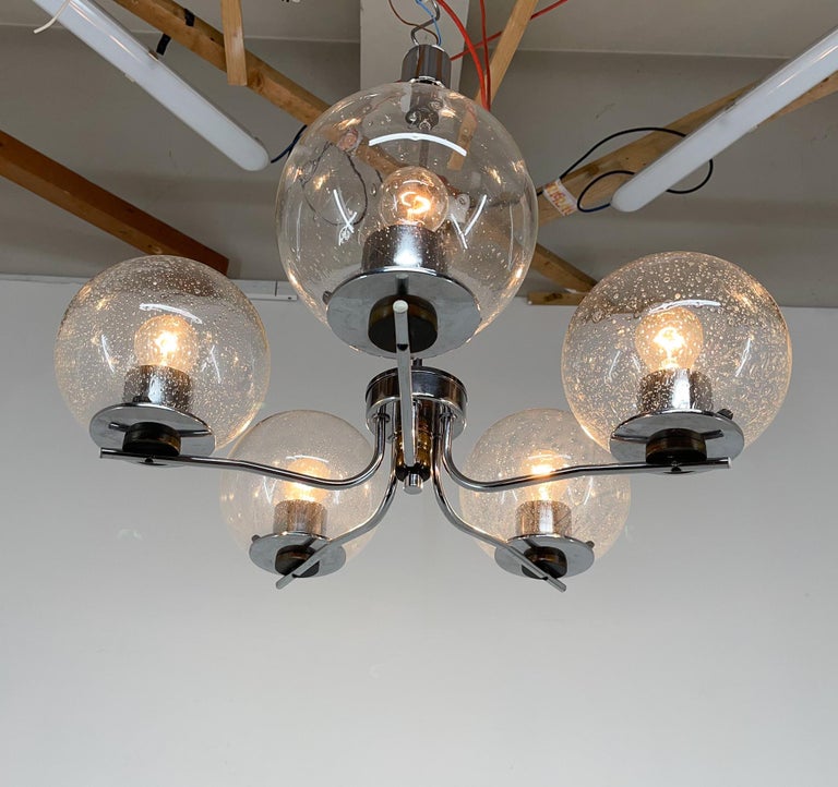 1970's Chrome & Clear Bubble Glass FiveArm Chandelier For Sale at 1stDibs