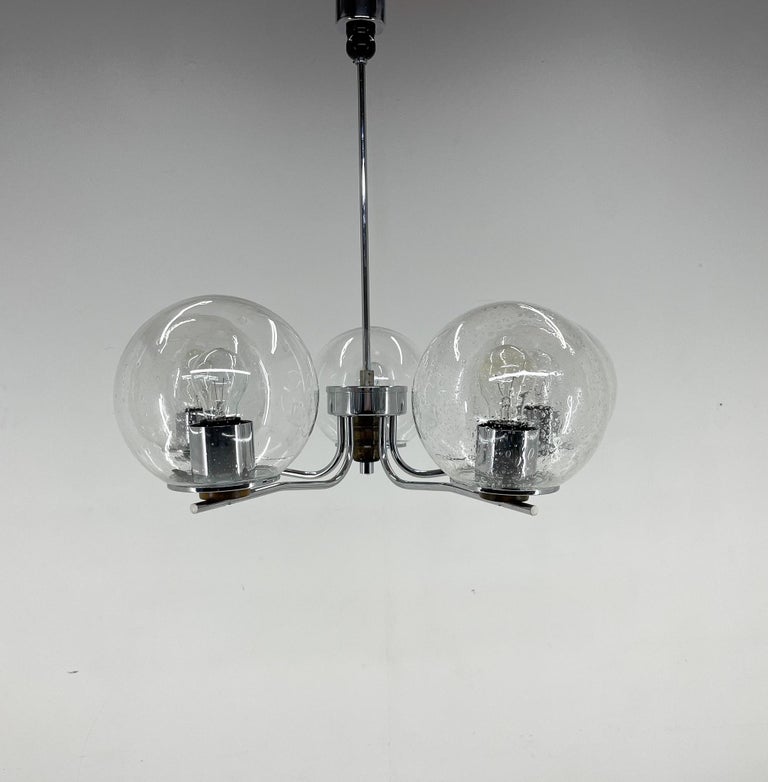1970's Chrome & Clear Bubble Glass FiveArm Chandelier For Sale at 1stDibs