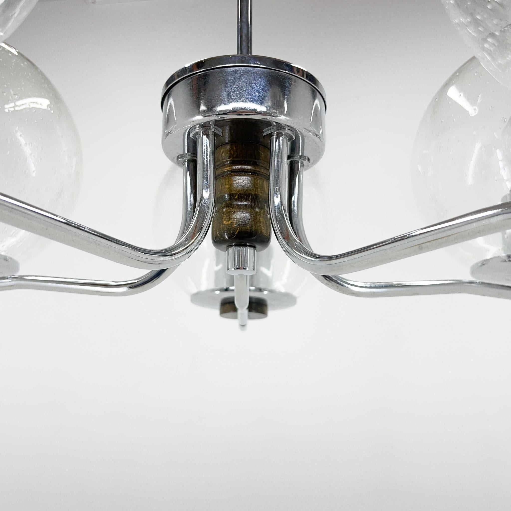 1970's Chrome & Clear Bubble Glass Five-Arm Chandelier In Good Condition For Sale In Praha, CZ