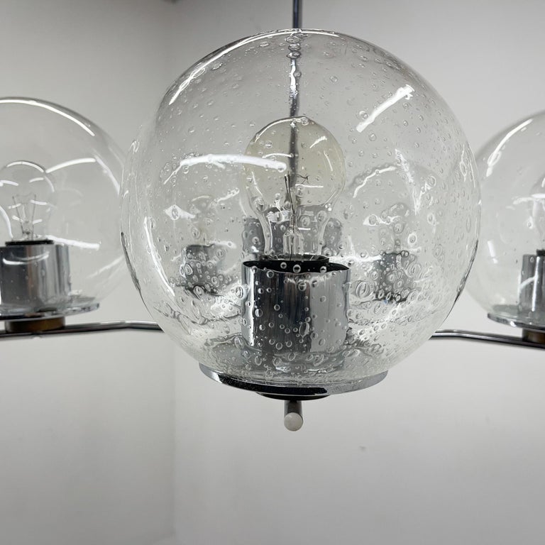 1970's Chrome & Clear Bubble Glass FiveArm Chandelier For Sale at 1stDibs