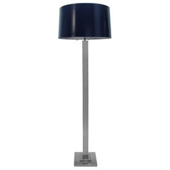 1970s Chrome Column Floor Lamp with Navy Blue Tapered Drum Shade