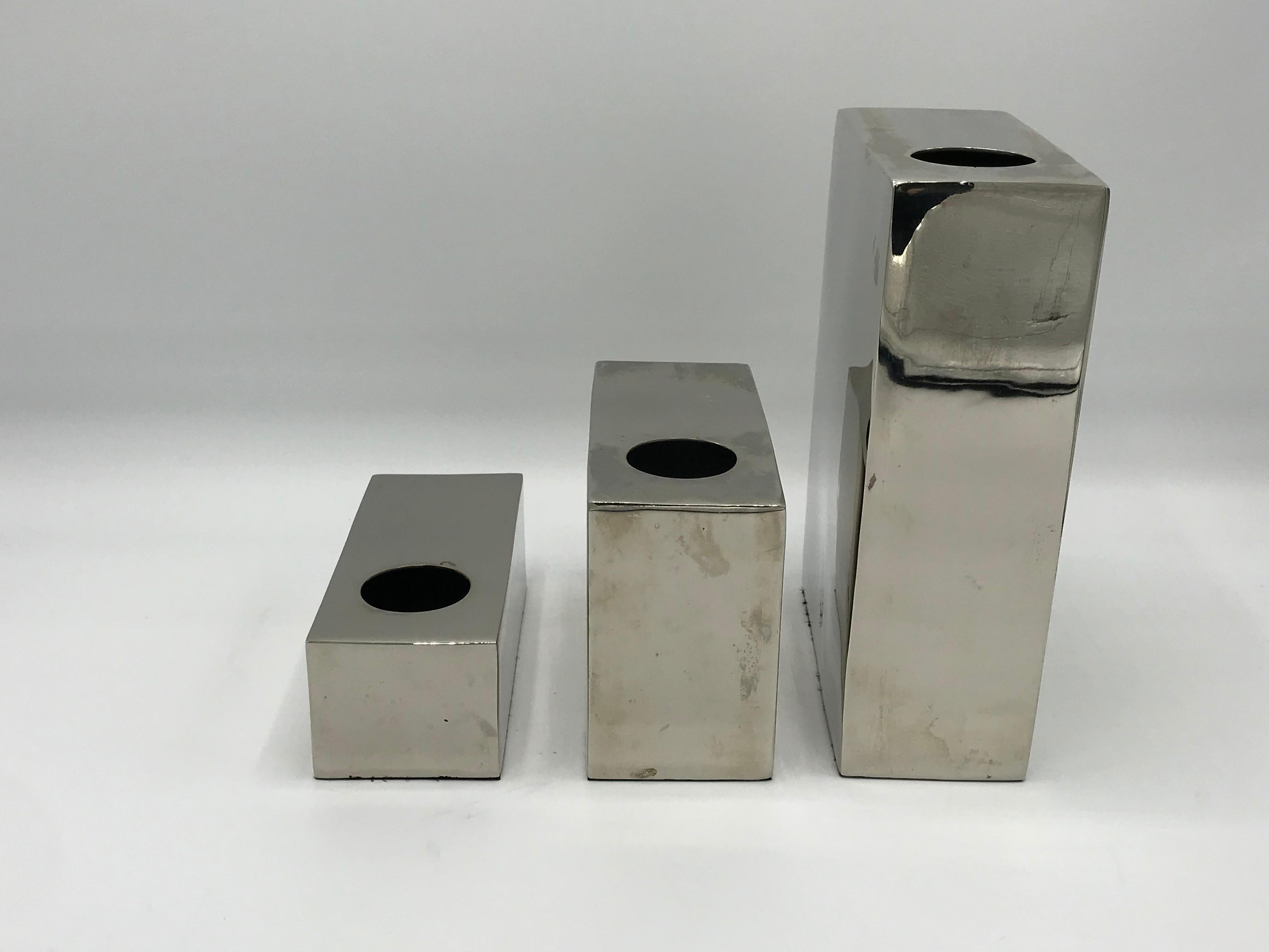 Modern 1970s Chrome Cube Milo Baughman Style Vases, Set of Three