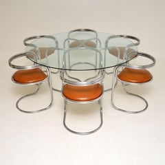 Esstisch und Stühle aus Chrom:: Glas und Leder aus den 1970er Jahren