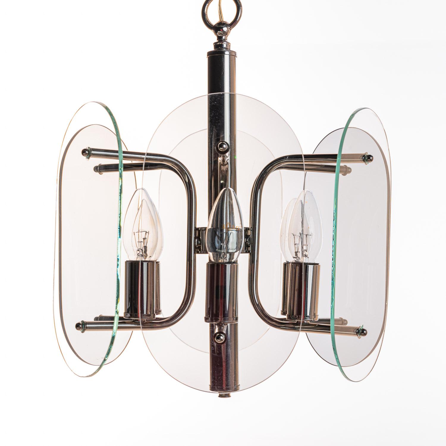 Stylish pendant attributed to Veca. Consists of 6 glass panels, three gray and three clear glass panels. Attached to a chrome frame. Veca was specialized in the production of glass lighting and mirrors made out of flat rolled glass. An Italian