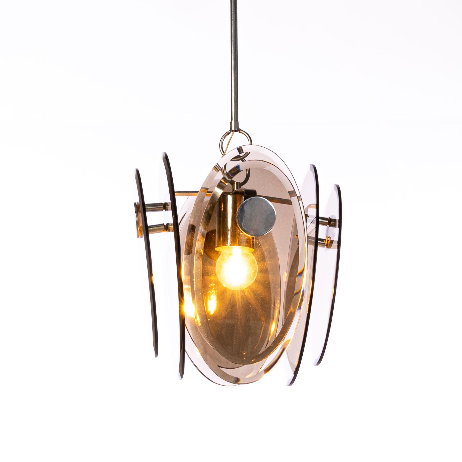 1970's Chrome & Glass Pendant Attributed to Veca In Good Condition For Sale In Schoorl, NL