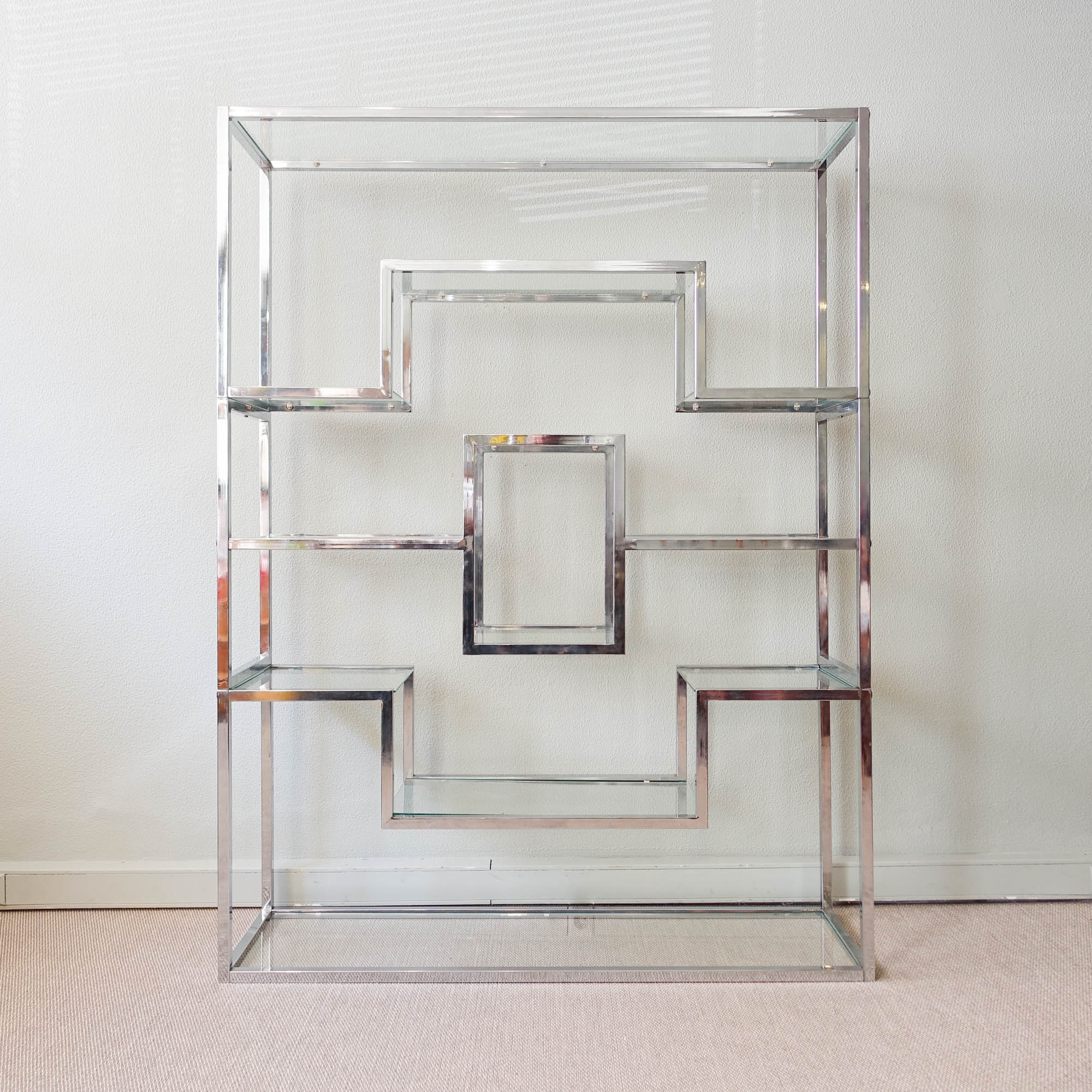 1970's Chrome & Glass Shelving Unit in the Style of Romeo Rega For Sale