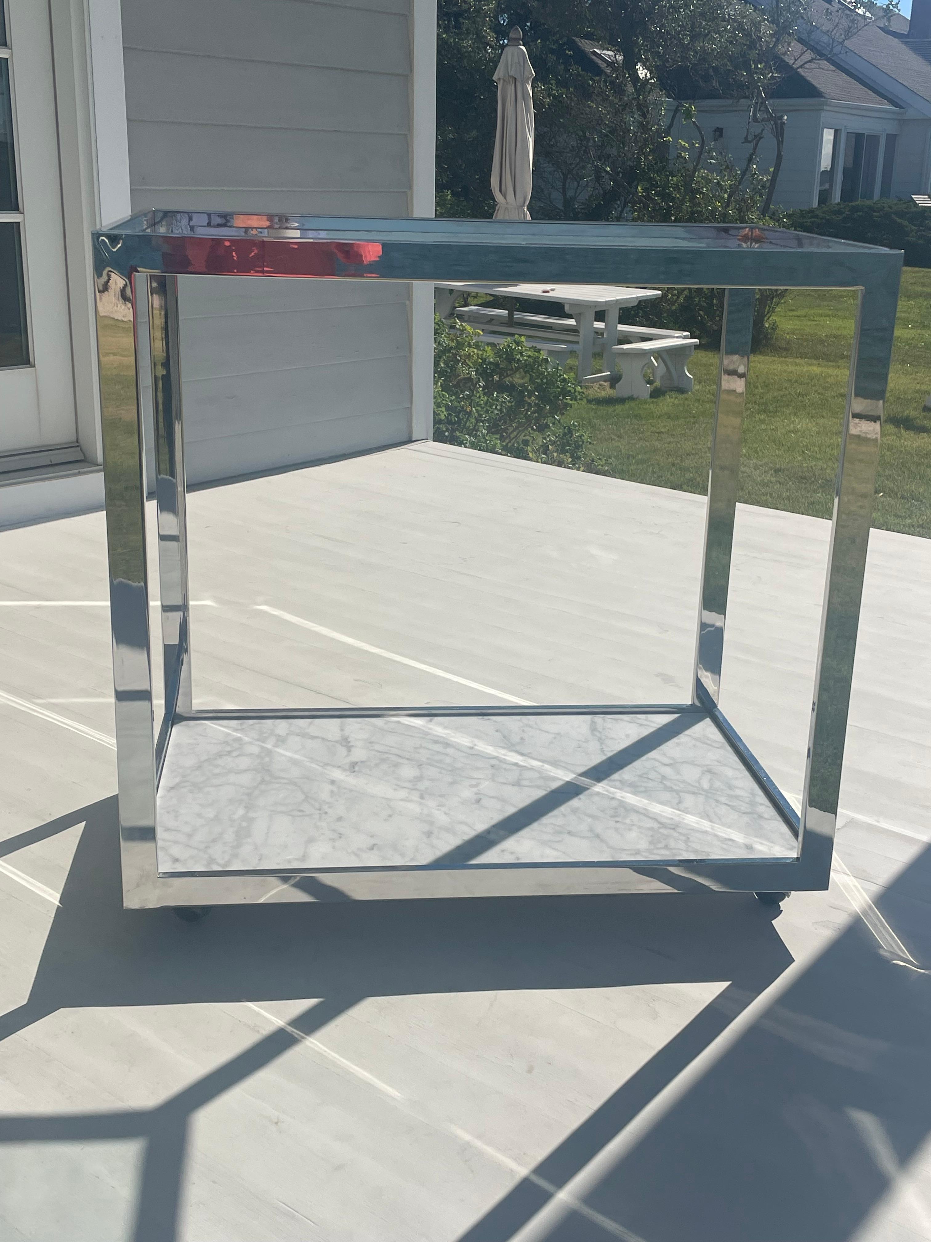 1970s Chrome, Marble and Glass Bar Cart on Wheels For Sale 5