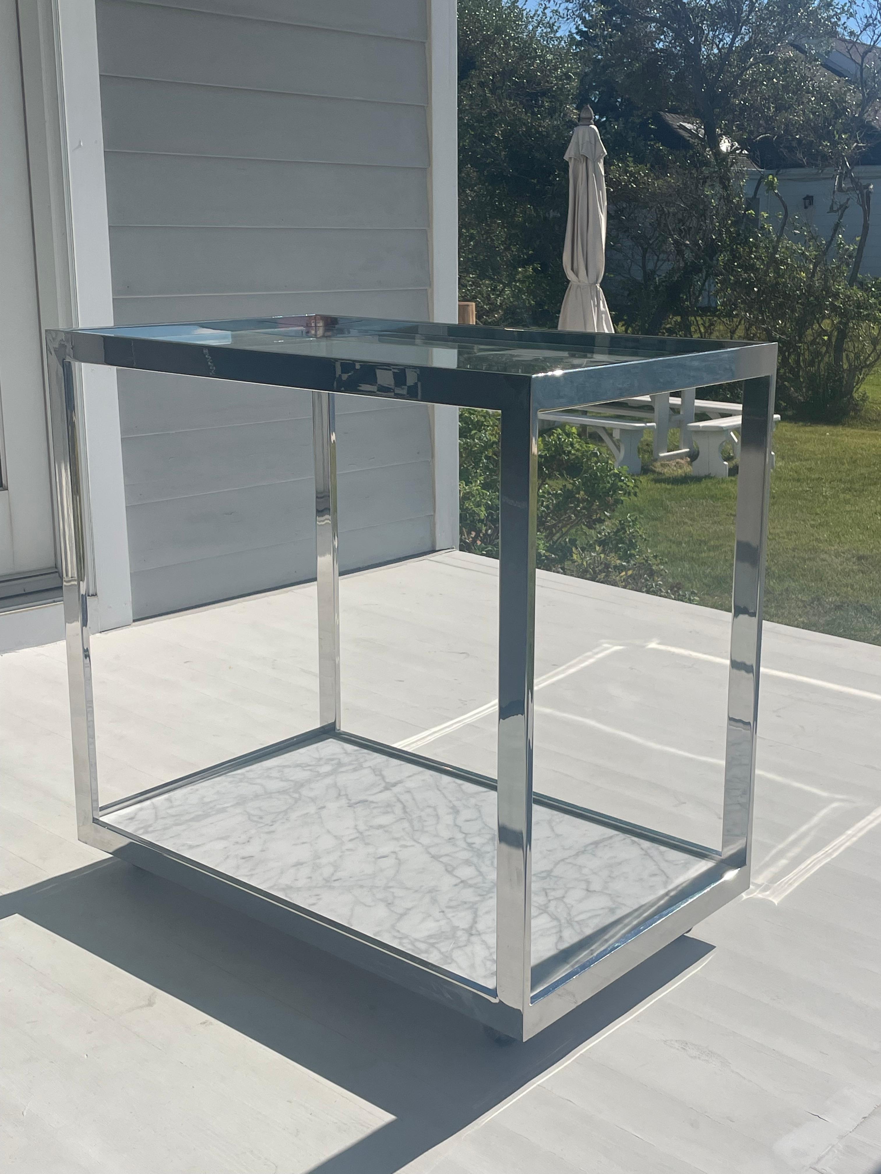 1970s Chrome, Marble and Glass Bar Cart on Wheels For Sale 9
