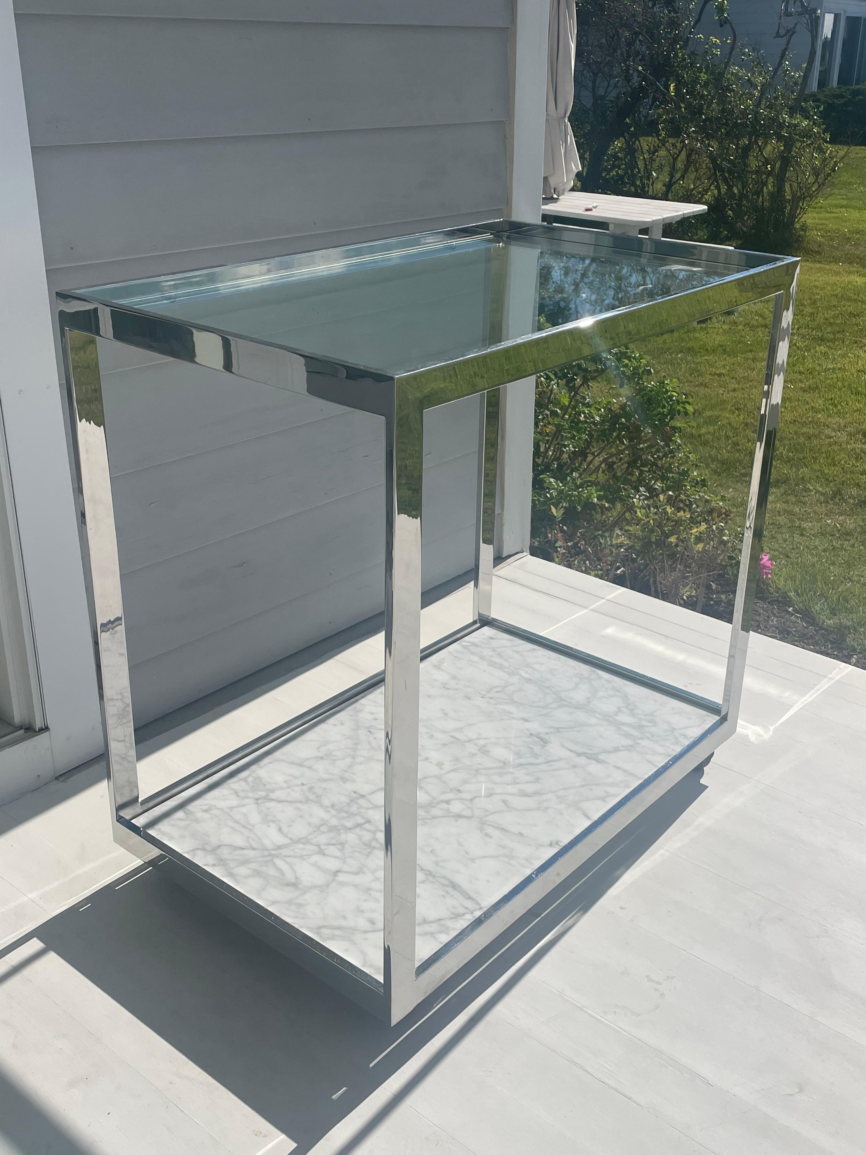 Mid-Century Modern 1970s Chrome, Marble and Glass Bar Cart on Wheels For Sale