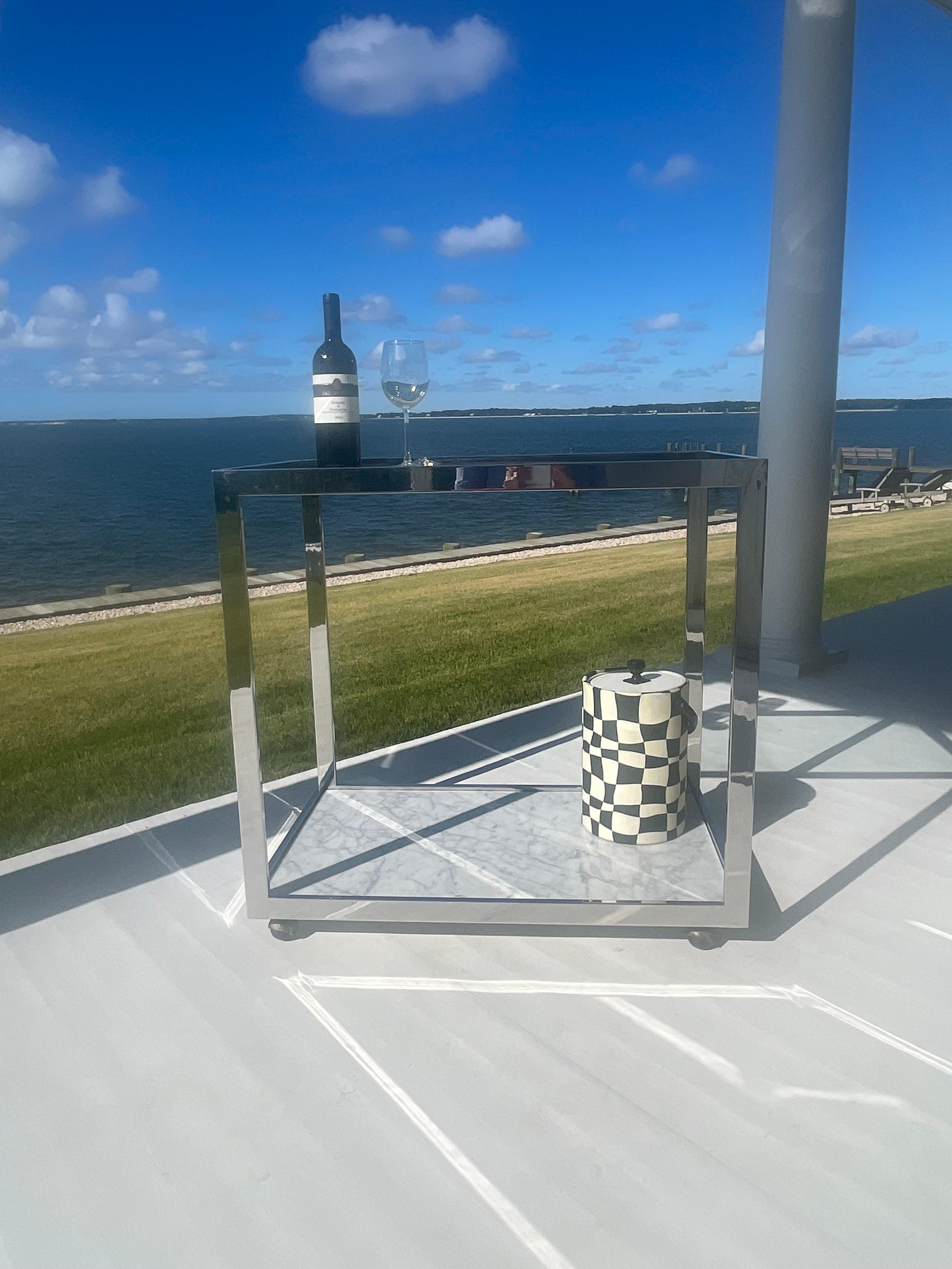 20th Century 1970s Chrome, Marble and Glass Bar Cart on Wheels For Sale