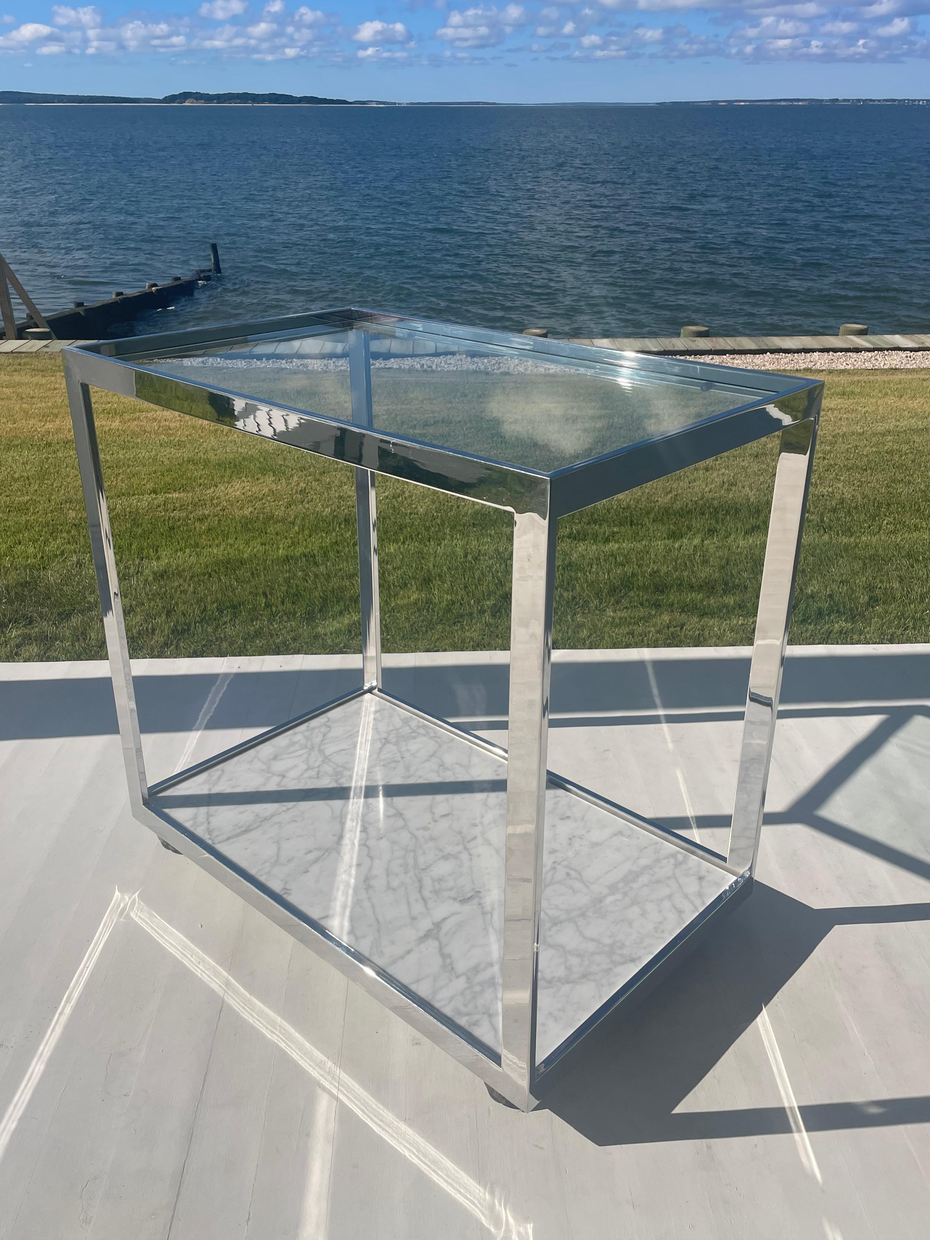 1970s Chrome, Marble and Glass Bar Cart on Wheels For Sale 2