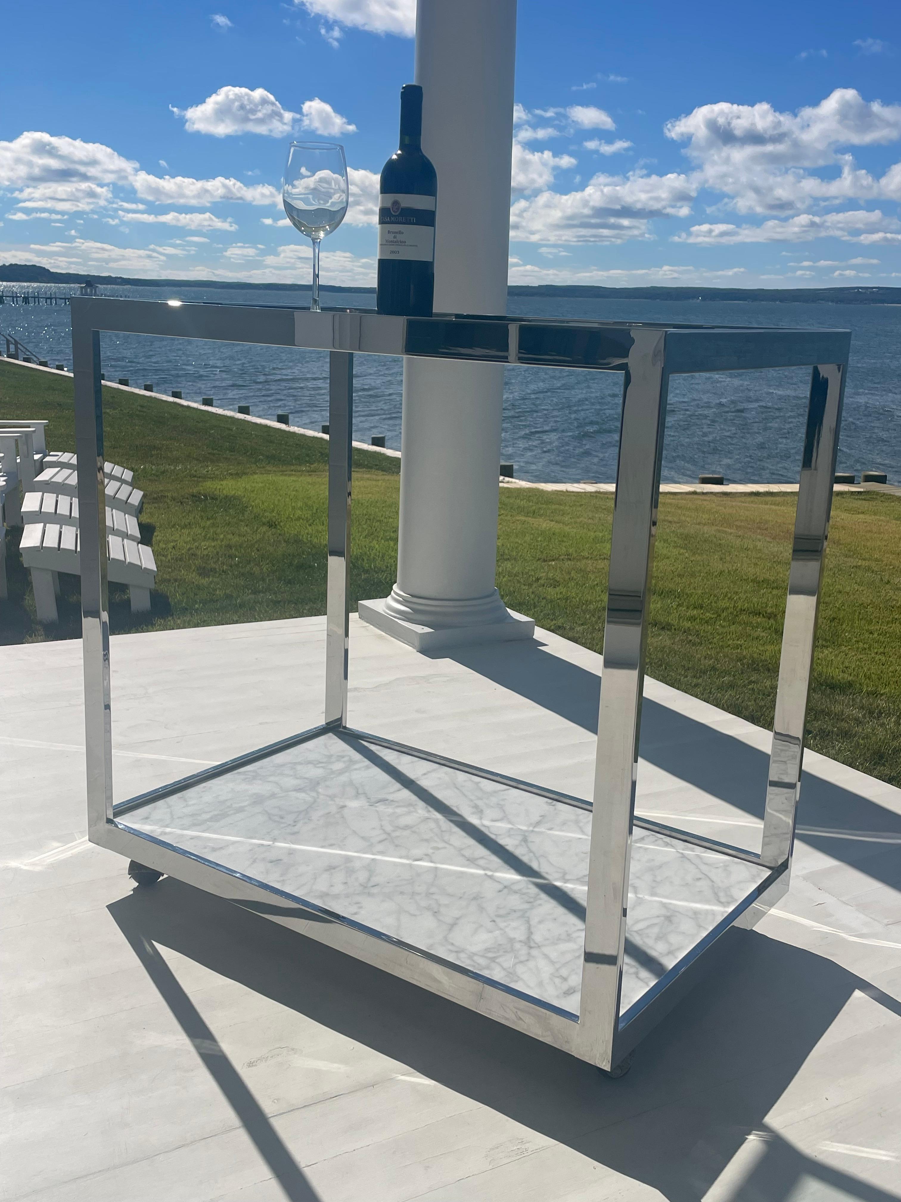 1970s Chrome, Marble and Glass Bar Cart on Wheels For Sale 3