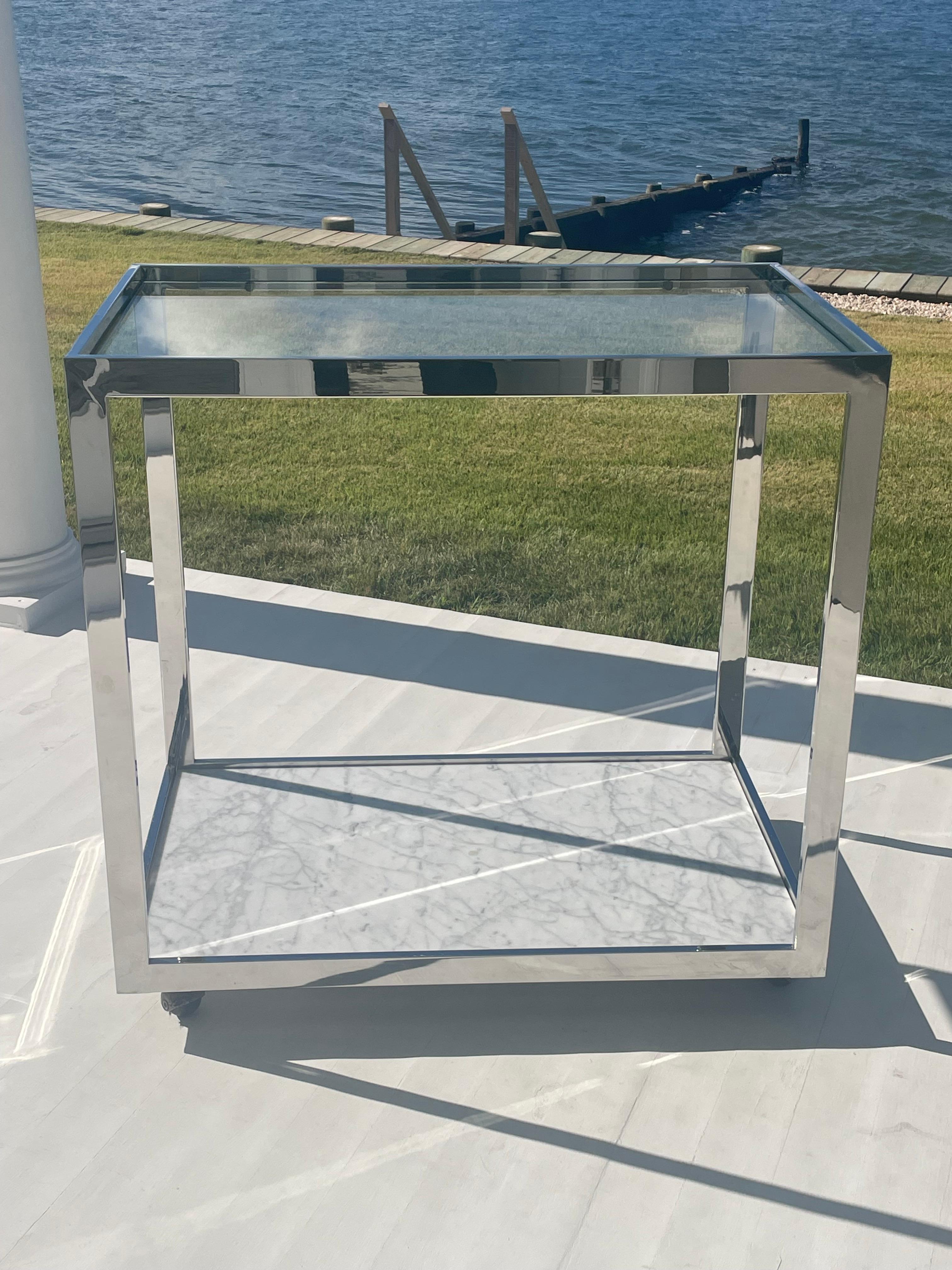 1970s Chrome, Marble and Glass Bar Cart on Wheels For Sale 4