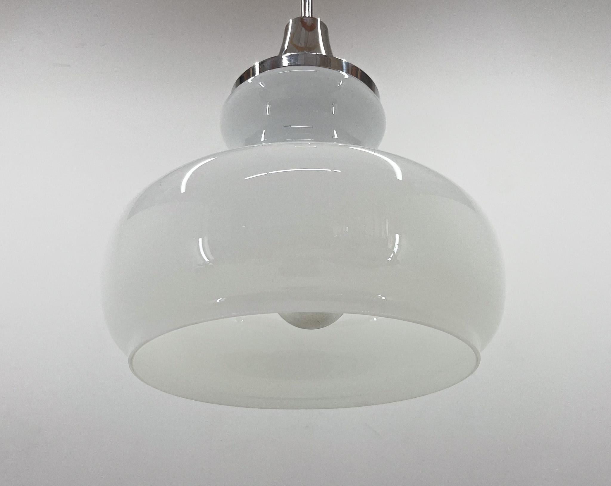 Mid-Century Modern 1970s Chrome & Milk Glass Pendant Light, Czechoslovakia For Sale