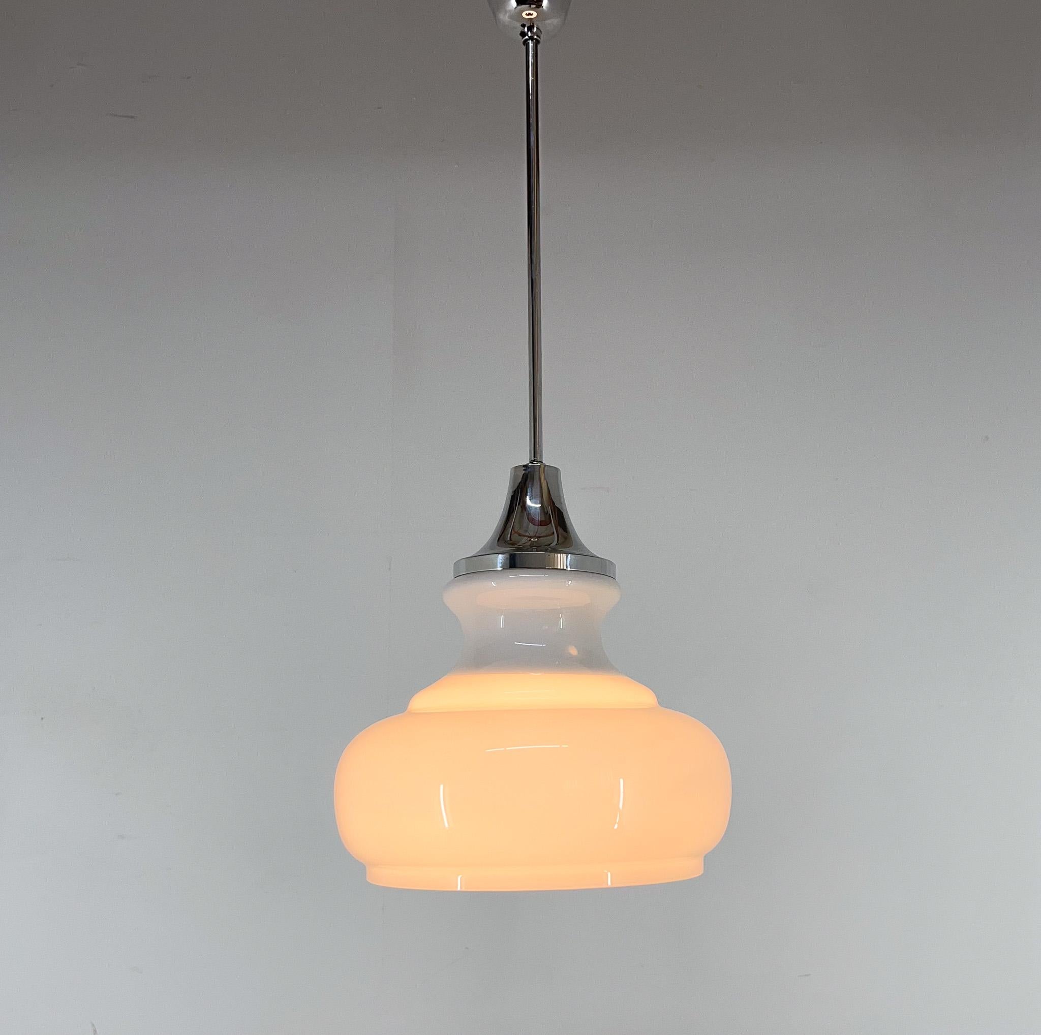 20th Century 1970s Chrome & Milk Glass Pendant Light, Czechoslovakia For Sale
