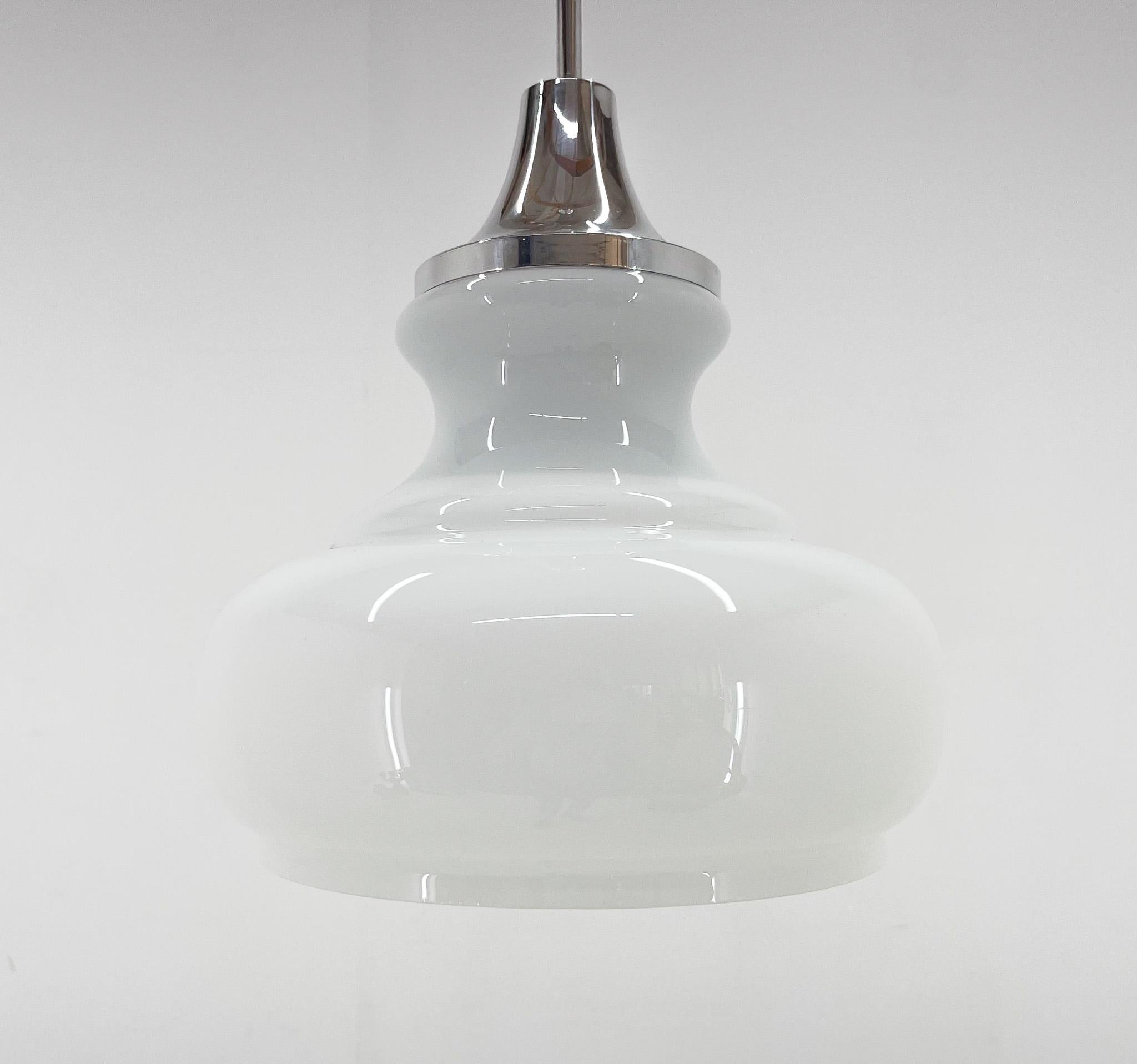 1970s Chrome & Milk Glass Pendant Light, Czechoslovakia For Sale 2