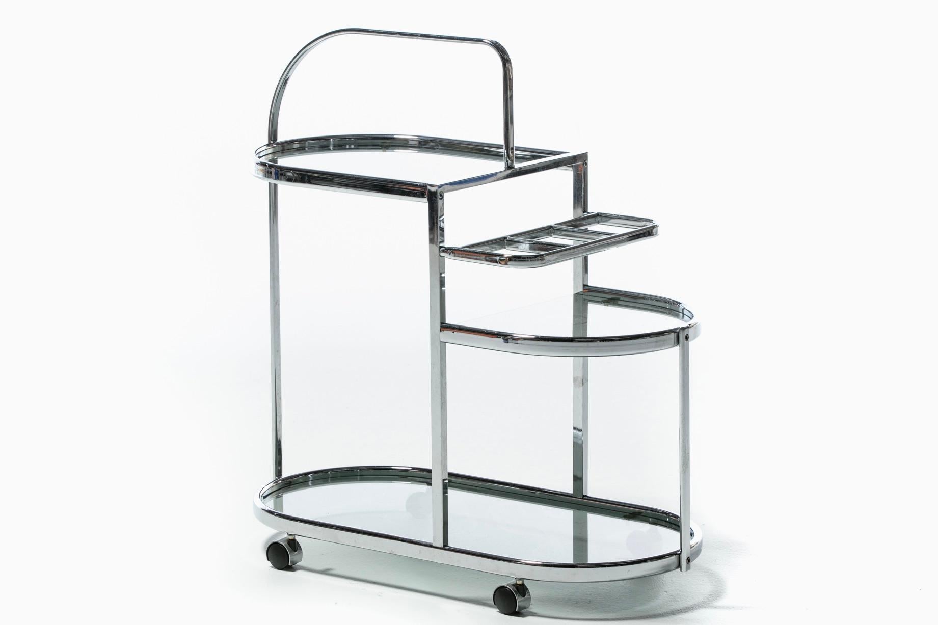 Mid-Century Modern 1970s Chrome Modernist Three Tier Bar Cart  For Sale