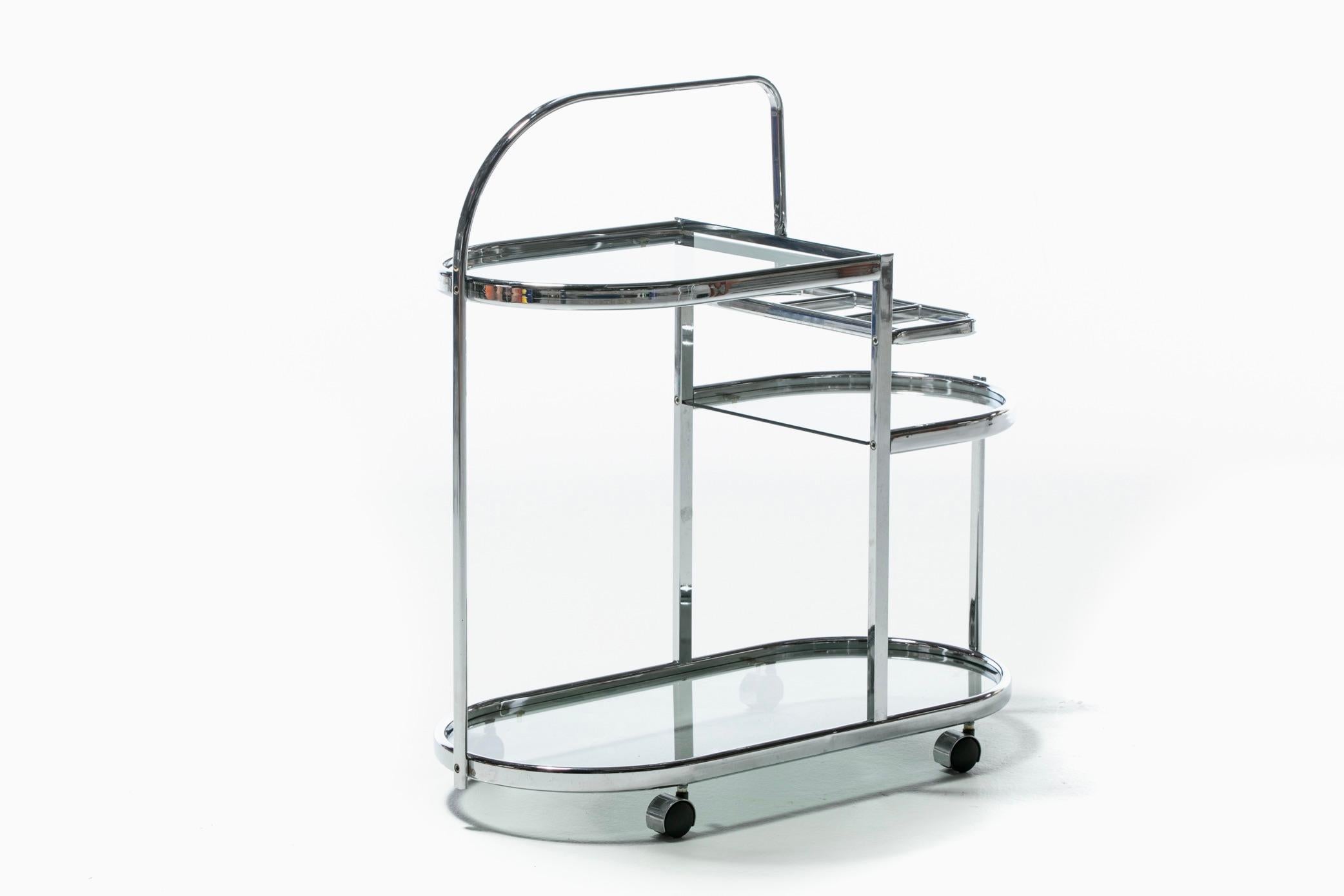 1970s Chrome Modernist Three Tier Bar Cart  In Good Condition For Sale In Saint Louis, MO