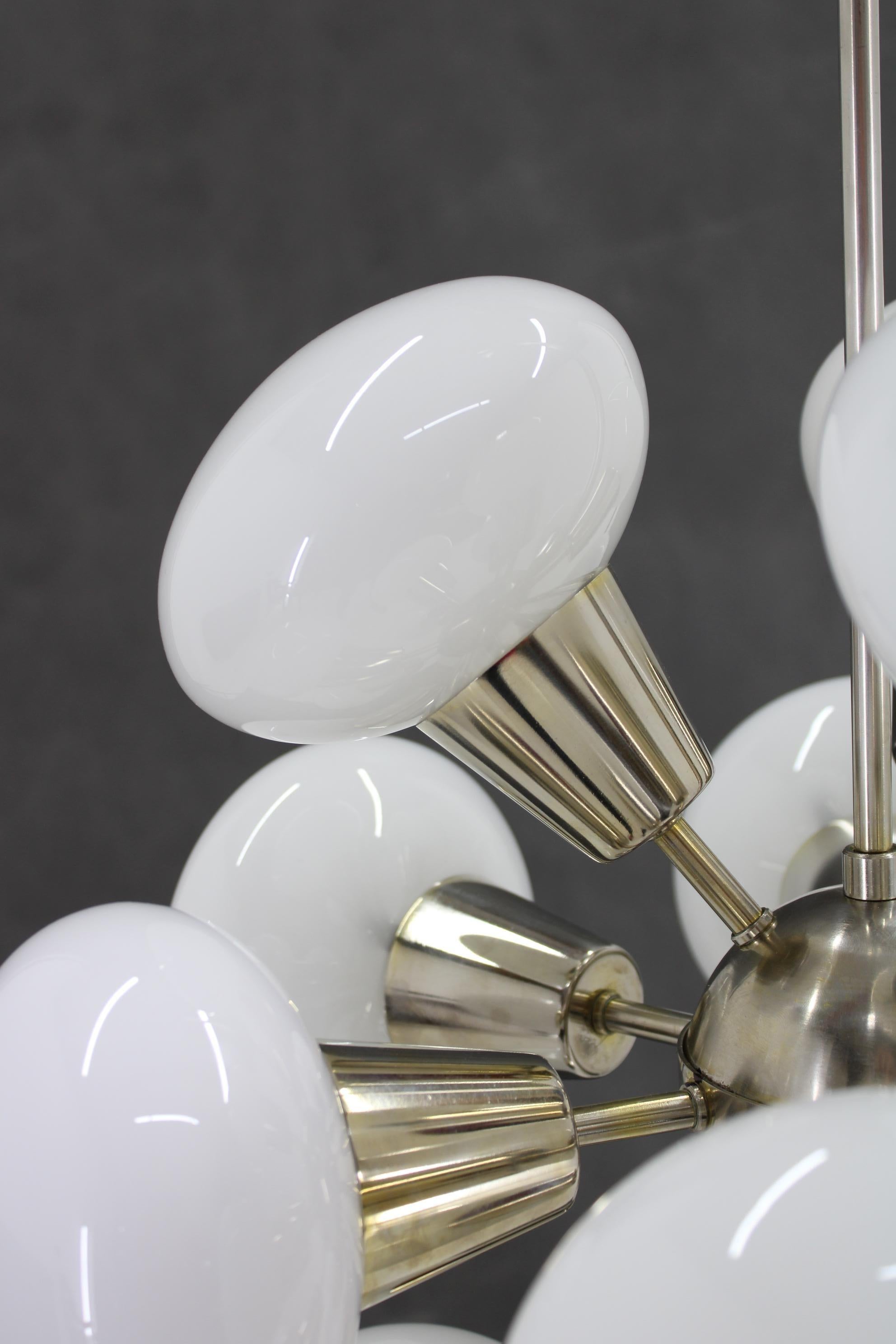 Glass 1970s Chrome Plated  12-Flamming Chandelier by Sputnik , Czechoslovakia For Sale